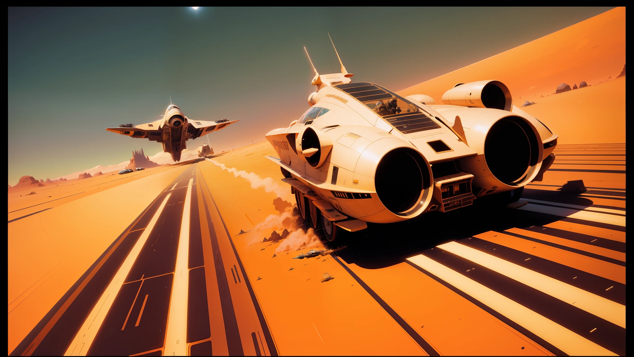spaceships and a spaceship are flying over a desert landscape, syd mead cinematic painting, on a canva, speeder, 21:9, tangerine dream album cover, toonami, panoramic anamorphic, by Les Edwards, x-wing --ar 16:9 --auto --s2