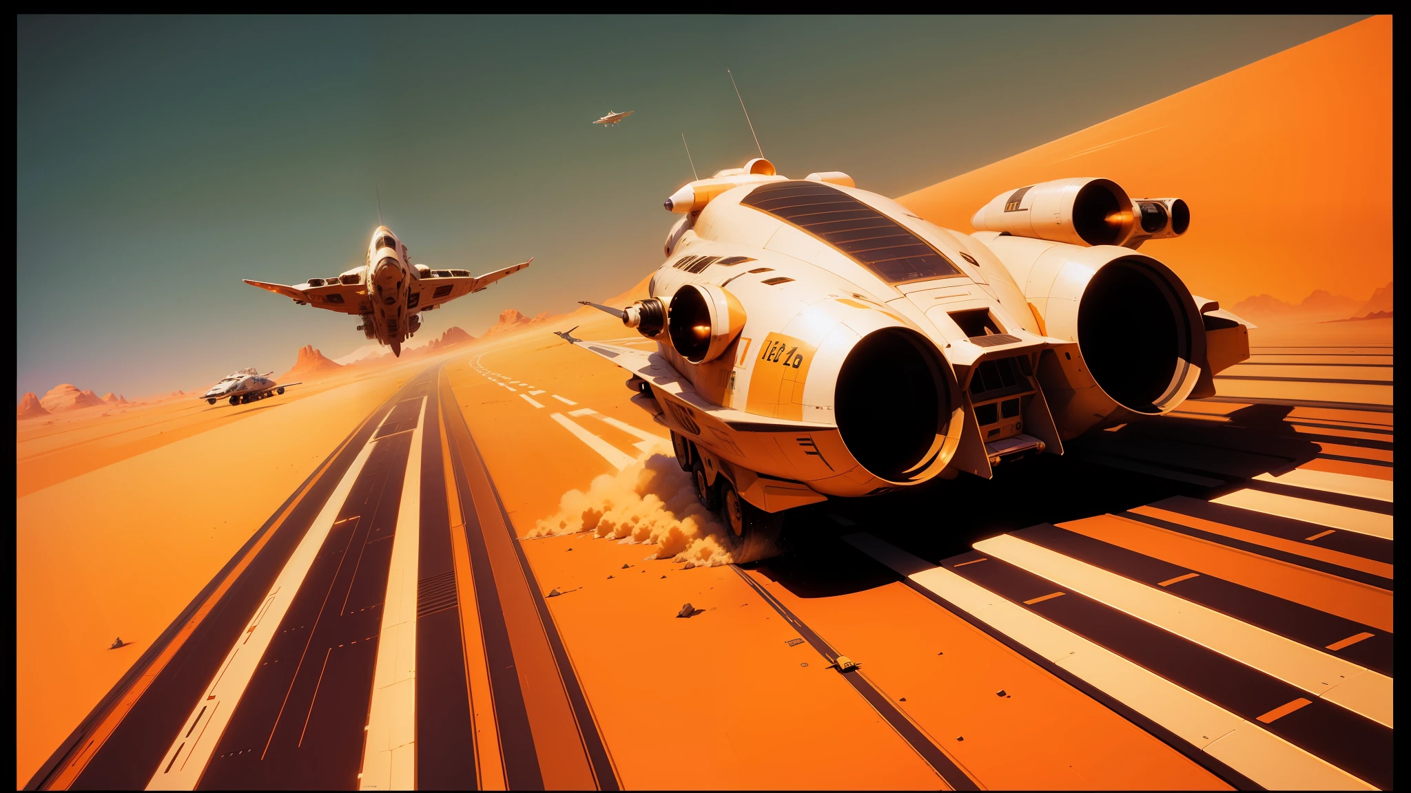 spaceships and a spaceship are flying over a desert landscape, syd mead cinematic painting, on a canva, speeder, 21:9, tangerine dream album cover, toonami, panoramic anamorphic, by Les Edwards, x-wing --ar 16:9 --auto --s2