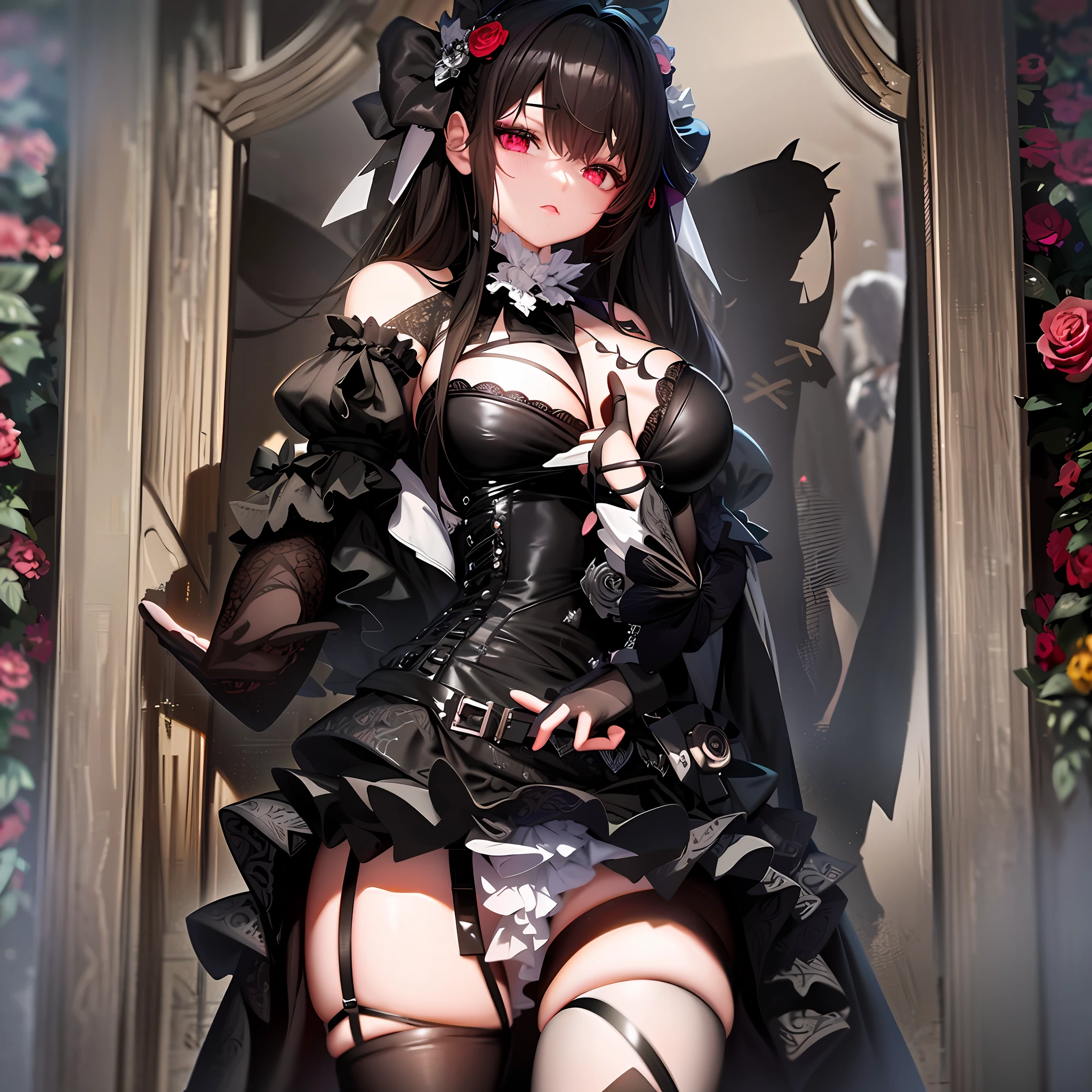 There is a woman in a corset and a black dress, small curvy , girl anime maiden gothic, lolidress, 8k detailed high quality art, anime girl cosplay, guweiz in pixiv artstation, guweiz in artstation pixiv, ornate cosplay, 3 d render character art 8 k, loli witgic around