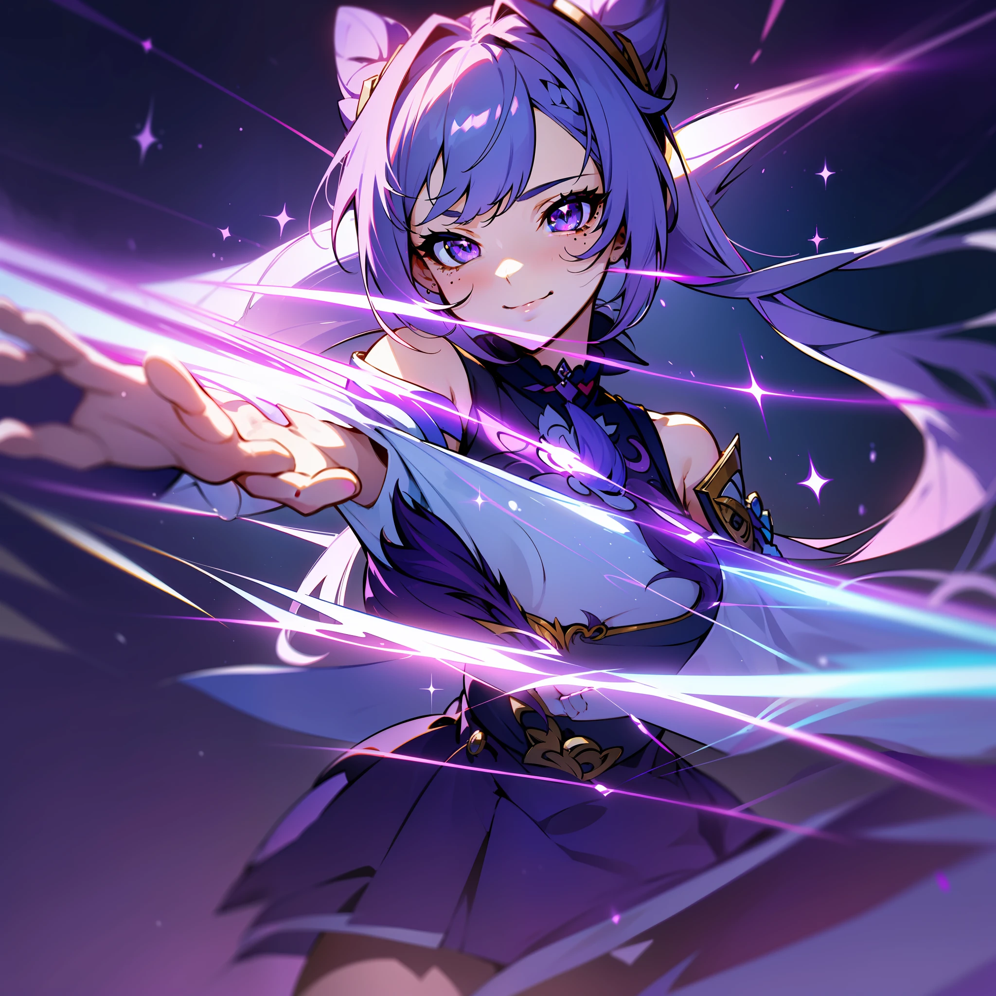 UHD, retina, masterpiece, accurate, anatomically correct, textured skin, super detail, high details, high quality, award winning, best quality, highres, 1080P, HD, 4K, 8k, 16k, 1girl, (parted bangs, messy hair, hair over shoulder, twintails, very long hair, asymmetrical bangs, purple hair),((mole under eye, gradient eyes, sparkling eyes, purple eyes, tsurime, smile)),(((from front, anime style, cinematic lighting))),((((dynamic pose)))), Keqing From GENSHIN IMPACT HOYOVERSE
