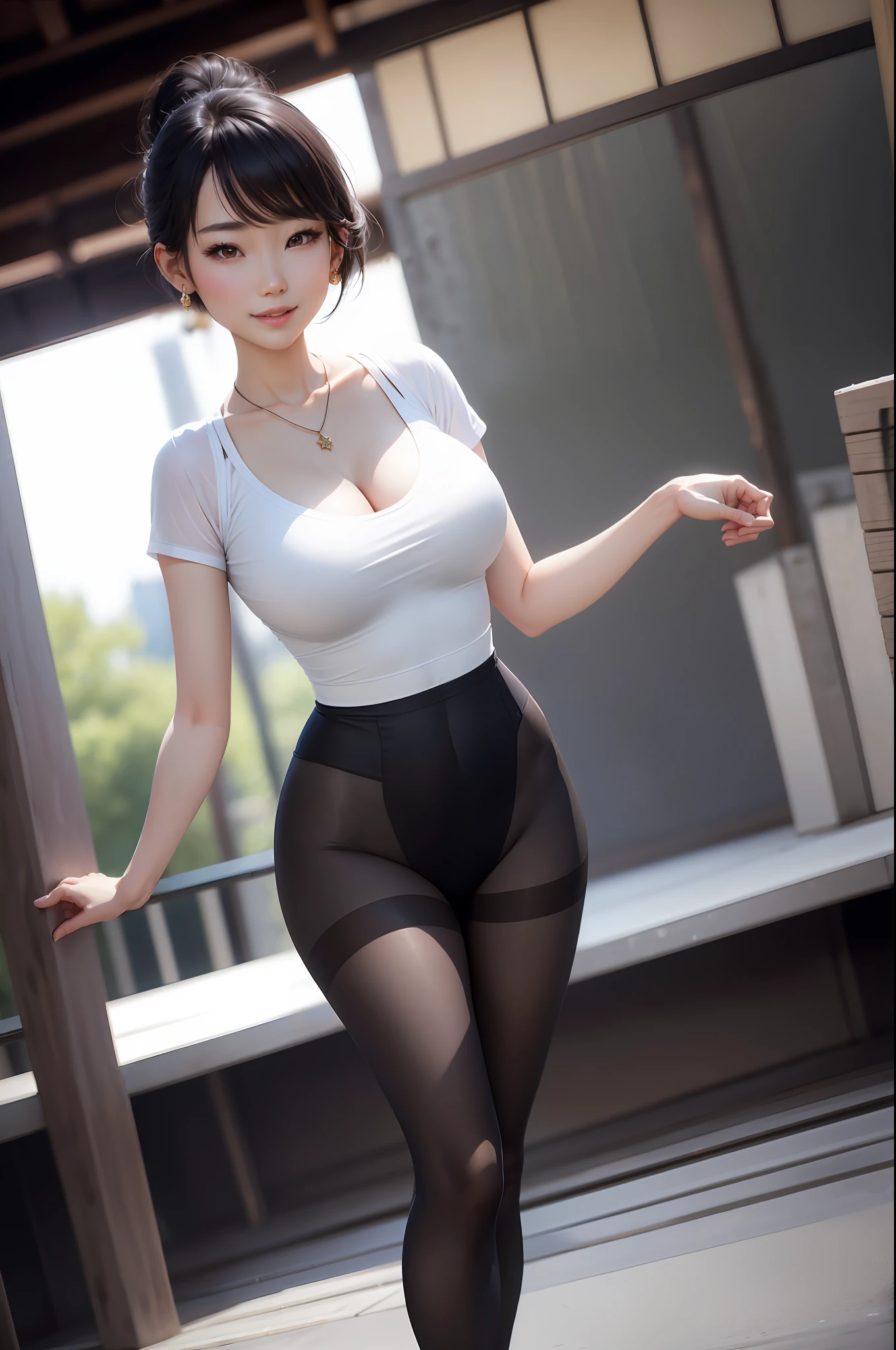 Smiling minchen, pantyhose, absurdity, closed mouth, balanced eyes, (Best Quality Detail: 1.2), Realistic, 8K HD, Ultra Detailed, High Quality Texture, Complex Detail, Detailed Texture, Fine Detail, High Detail, Very Detailed CG, High Quality Shadows, Delicate Beautiful Delicate Face, (Delicate Beautiful Delicate Eyes: 1.32), Depth of Field, Ray Tracing, (A Beautiful 25 Year Old Cute Japanese Lady: 1), Big Boobs, Tall Female, Beautiful Legs, Glow Eyes, Blush, Perfect Body Petite, Scrawny, Outdoor Background Blur, Ballet Pantyhose, Short Hair, Sunlight, Earrings, Necklace, Model, Looking at the Audience, Dynamic Pose, Necklace, Full Body, Standing, Show Beautiful Legs, Cleavage , smooth stockings, high-fork tight-fitting bodysuit