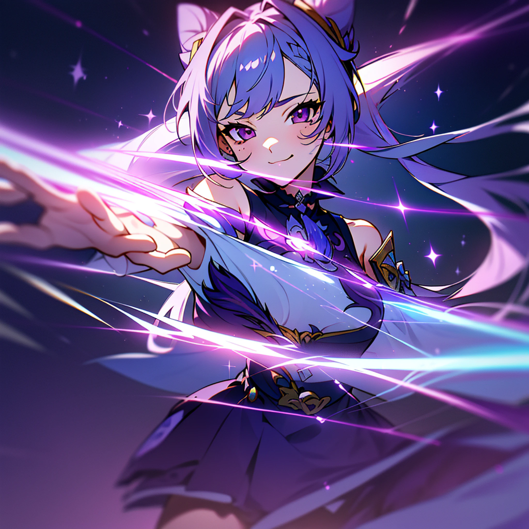 UHD, retina, masterpiece, accurate, anatomically correct, textured skin, super detail, high details, high quality, award winning, best quality, highres, 1080P, HD, 4K, 8k, 16k, 1girl, (parted bangs, messy hair, hair over shoulder, twintails, very long hair, asymmetrical bangs, purple hair),((mole under eye, gradient eyes, sparkling eyes, purple eyes, tsurime, smile)),(((from front, anime style, cinematic lighting))),((((dynamic pose)))), Keqing From GENSHIN IMPACT HOYOVERSE