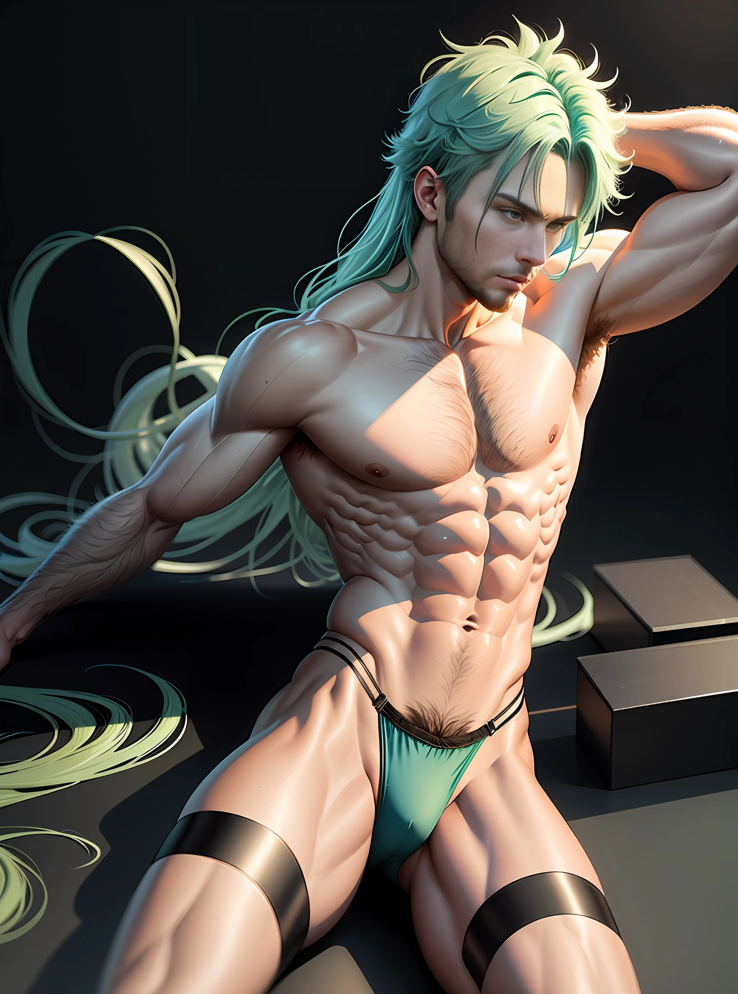 (hyper-realistic digital illustration), hires, best quality, boy wearing micro black thong, see-through black thong , front view, lying on his back, holding legs raised, athletic body, (white skin), bare chest, flat chest,(long green blue hair scruffy ), determined expression, small waist, muscular.