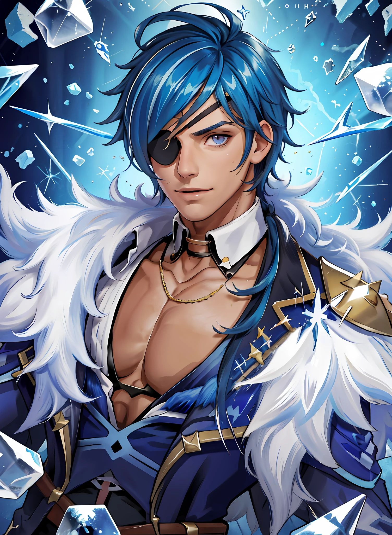 best quality, masterpiece, highres, 1boy,male,solo, mature male, blue hair, taned skin, eyepatch on right eye, surrounded by ice crystals and broken mirror pieces, shattered glass on background