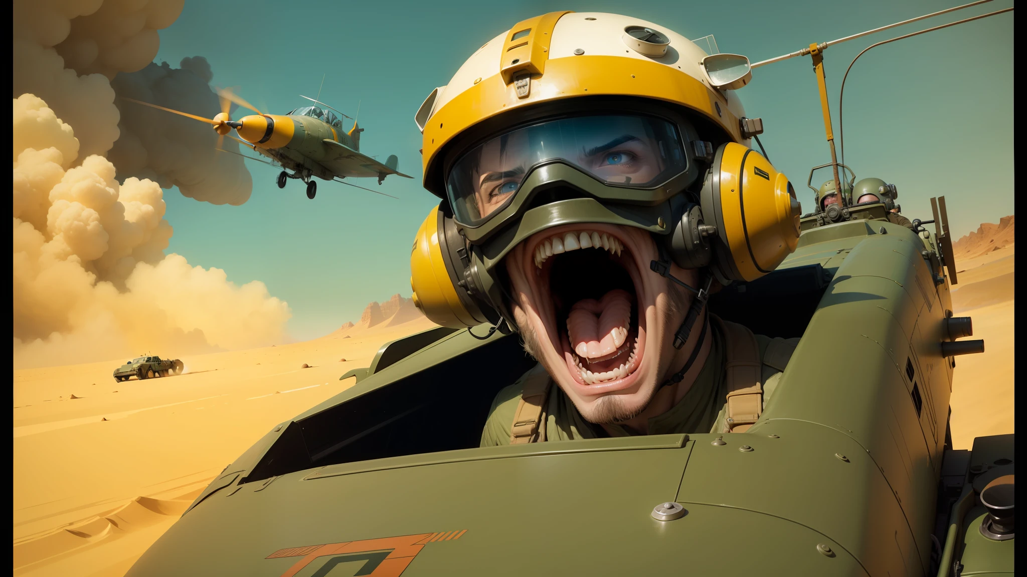 there is a man in a helmet and goggles driving a plane, darius zawadzki and tom bagshaw, screaming face, zaku, desert, detailed expressive faces, war cry, syd mead color scheme, tank girl, hyperrealism mixed with 2 d, large front teeth, on dune, uniform teeth, puṣkaracūḍa --ar 16:9 --auto --s2