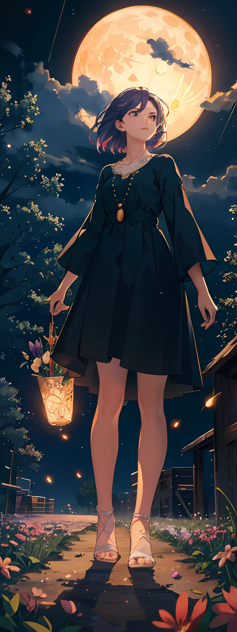 Woman slowed down a man, (seen from below, the sky is above and the open field is below), a girl standing in a field of flowers looking up, (full moon: 1.2), (meteor: 0.9), (nebula: 1.3), distant mountains, BREAK Trees Crafting Art, (Hot Light: 1.2), (Fireflies: 1.2), Lights, Very Purple and Orange, Intricate Details, Volumetric Lighting, BREAK realism (Masterpiece: 1.2), (best quality), 4k, ultra-detailed, (dynamic composition: 1.4), very detailed and colorful details, (rainbow colors: 1.2), (bright lighting, atmospheric lighting), dreamy, magical, (solo: 1.2)