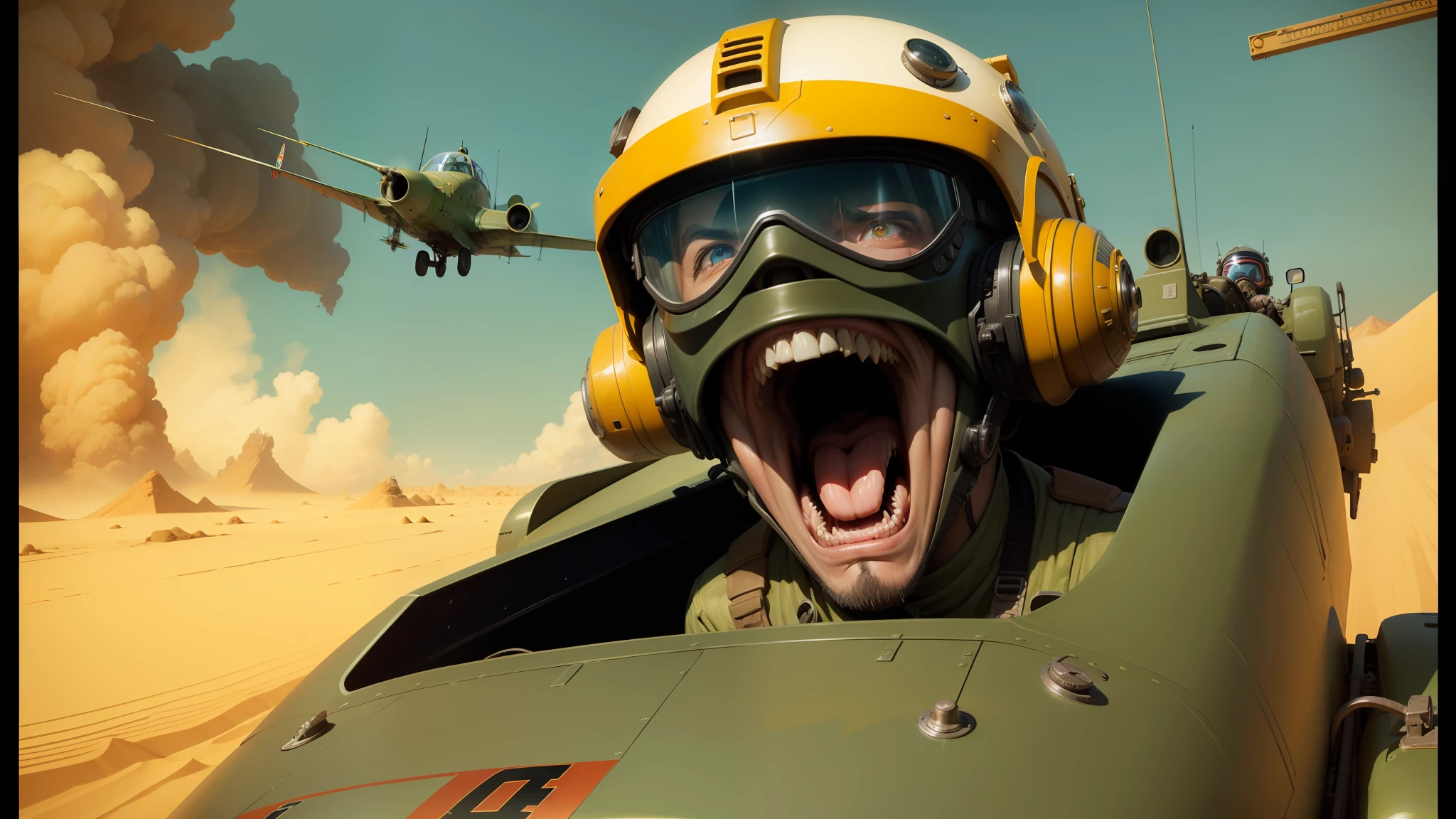 there is a man in a helmet and goggles driving a plane, darius zawadzki and tom bagshaw, screaming face, zaku, desert, detailed expressive faces, war cry, syd mead color scheme, tank girl, hyperrealism mixed with 2 d, large front teeth, on dune, uniform teeth, puṣkaracūḍa --ar 16:9 --auto --s2
