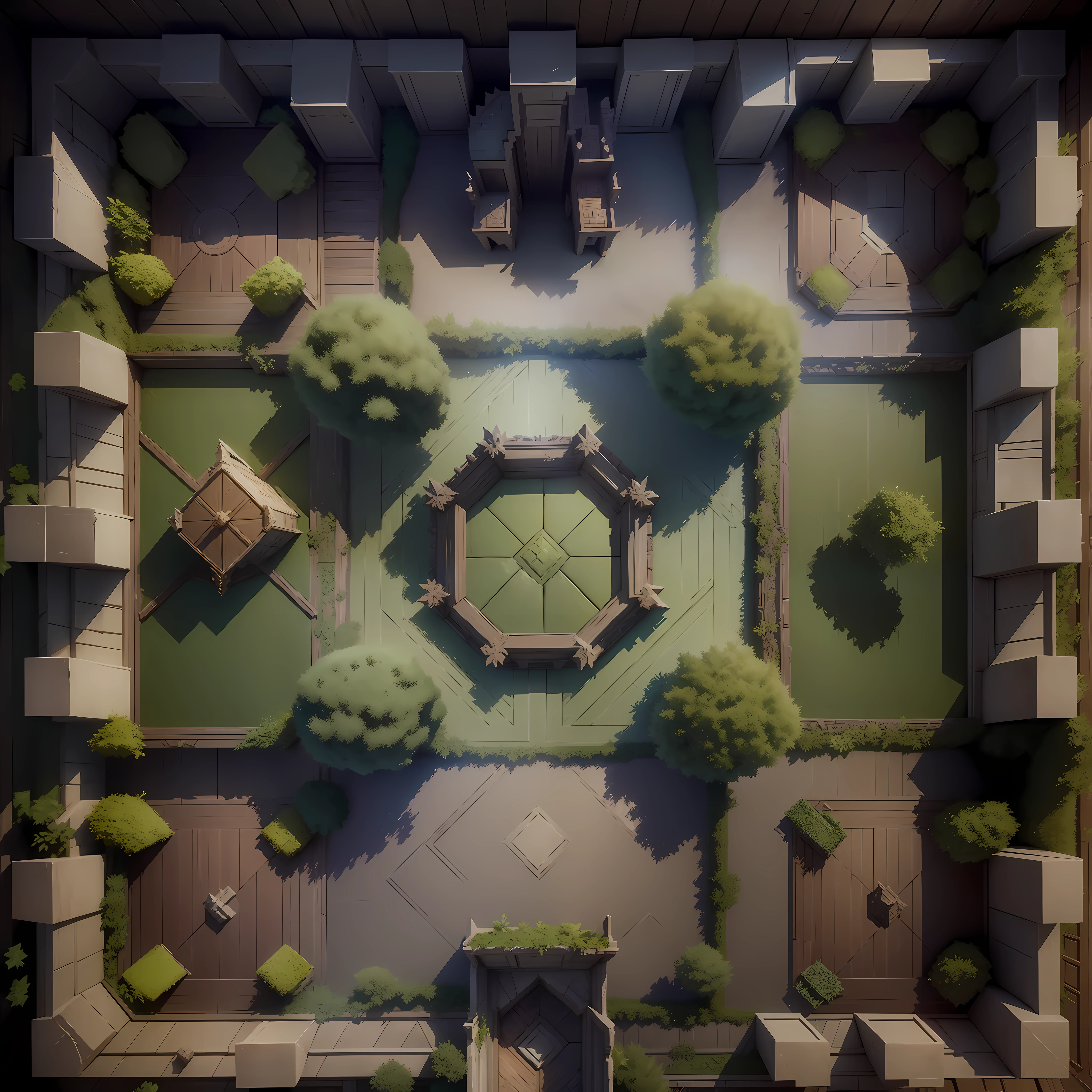 A 2d dnd battlemap (grid) of a ((forest fortress, square rooms)), with ornate furniture, 3d scene, unreal engine 5, global illumination, rtx, ssl, ((octane render)), fine details, paths, rooms
