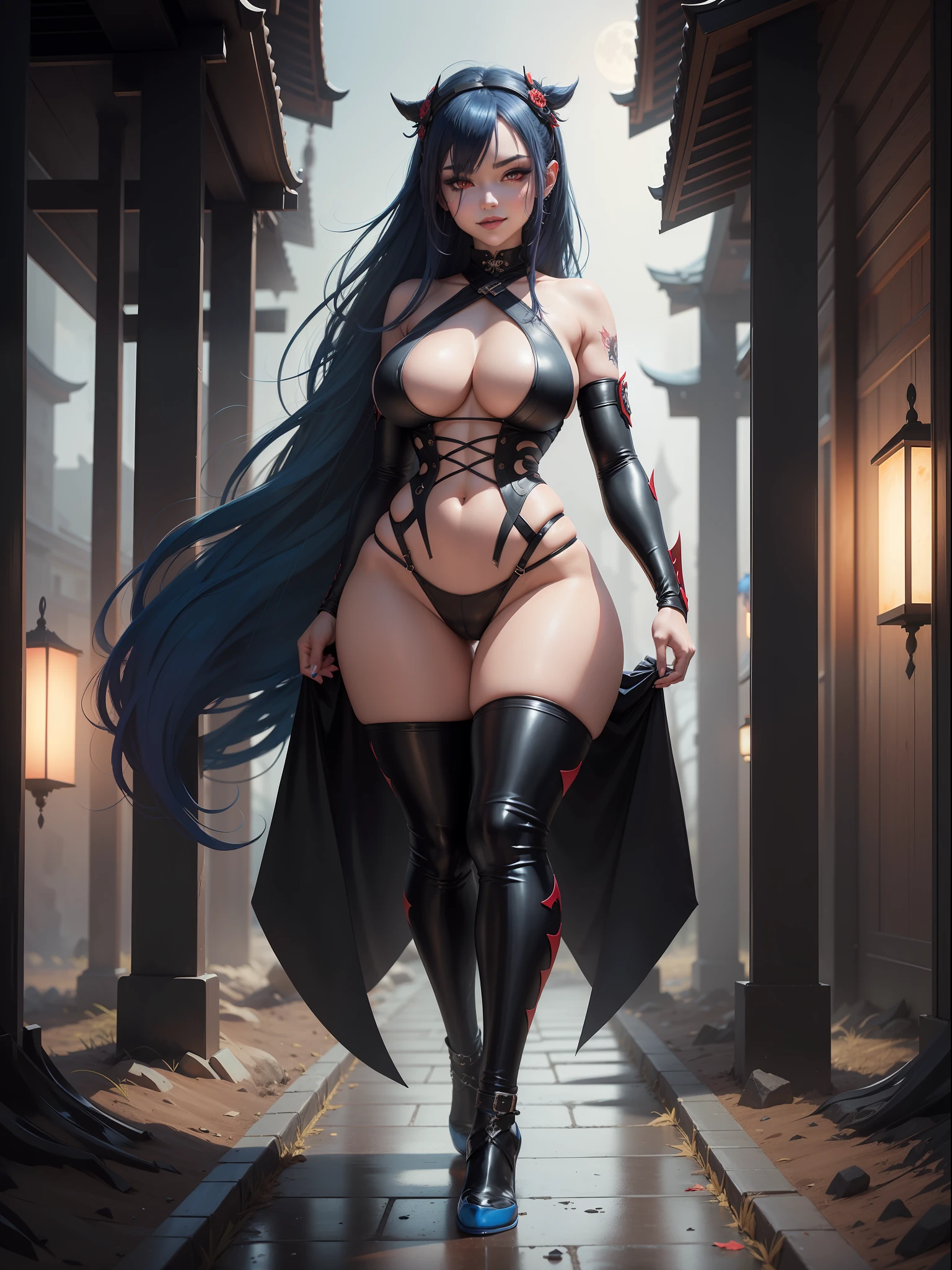 ((full body, standing, standing on the ground)),Laurana, large breasts, ((black with parts in white/ninja costume)), very tight on the body, Japanese demon mask on the face, she is in a macabre temple with full moon raining a lot,she has ((blue hair, red eyes)), face with red cheeks, light makeup on her face, looking at the viewer, smiling, 16k, highres, award-winning, best quality, super detail, super detail, textured leather, ccurate, UHD, masterpiece, anatomically correct