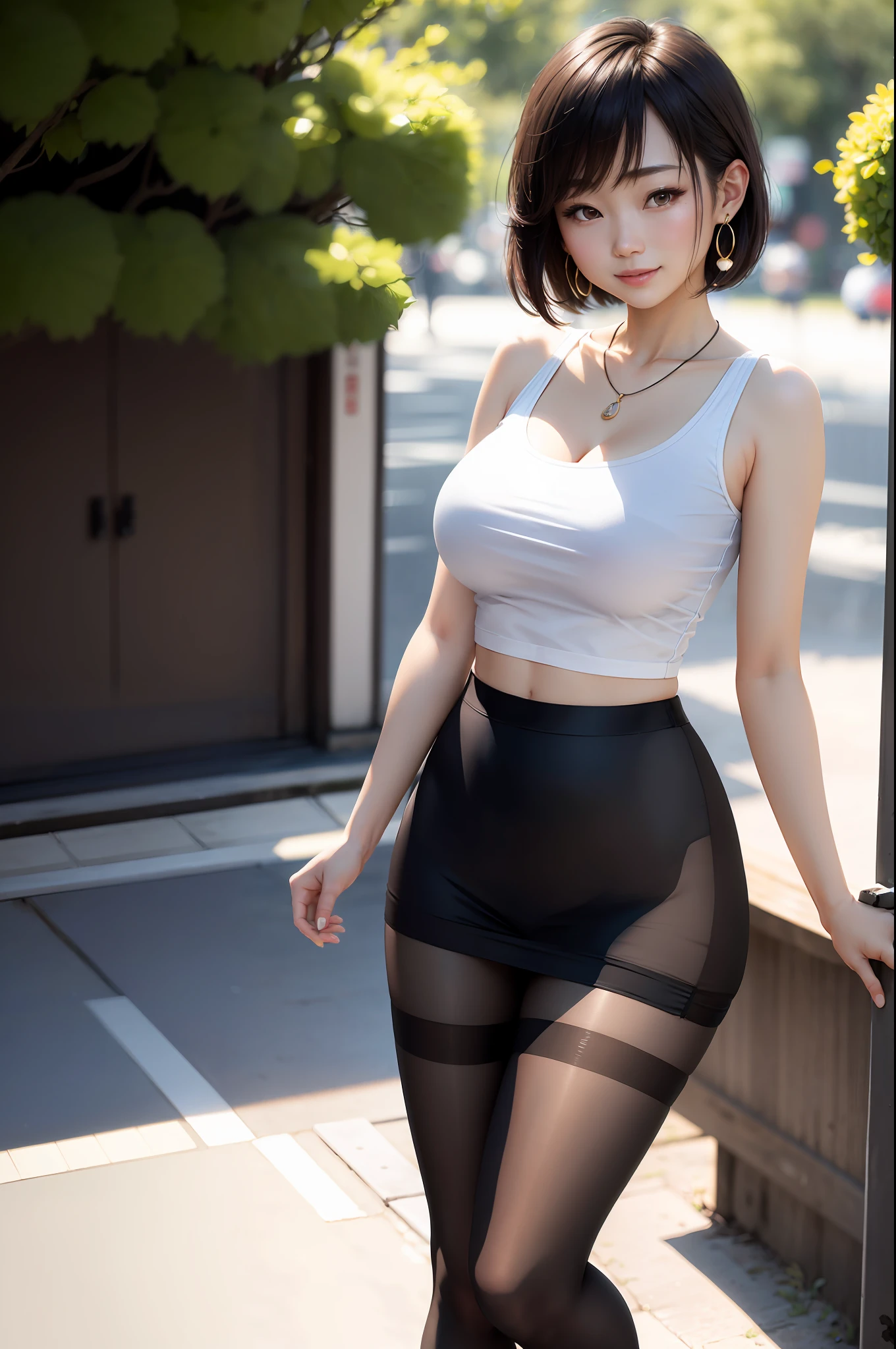 Smiling minchen, pantyhose, absurdity, closed mouth, balanced eyes, (Best Quality Detail: 1.2), Realistic, 8K HD, Ultra Detailed, High Quality Texture, Complex Detail, Detailed Texture, Fine Detail, High Detail, Very Detailed CG, High Quality Shadows, Delicate Beautiful Delicate Face, (Delicate Beautiful Delicate Eyes: 1.32), Depth of Field, Ray Tracing, (A Beautiful 25 Year Old Cute Japanese Lady: 1), Big Boobs, Tall Female, Beautiful Legs, Glow Eyes, Blush, Perfect Body Petite, Scrawny, Outdoor Background Blur, Ballet Pantyhose, Short Hair, Sunlight, Earrings, Necklace, Model, Looking at the Audience, Dynamic Pose, Necklace, Full Body, Standing, Show Beautiful Legs, Cleavage , smooth stockings, crop top T-shirt
