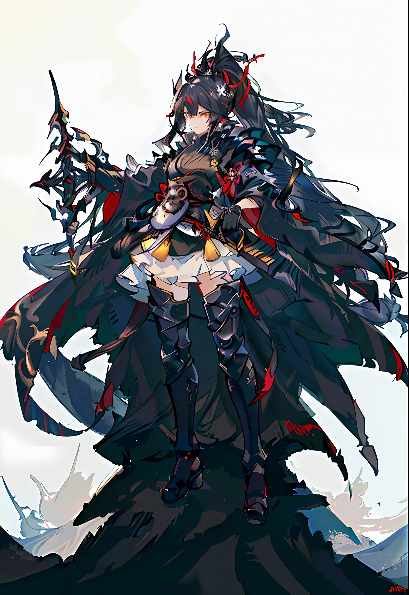 (An absolute masterpiece with the best quality possible.) A female samurai in a black and red kimono with cloth flowing in the air is depicted, with striking yellow eyes and black hair tied up in a ponytail. The background is set against an aesthetically pleasing black and red color scheme, with a beautiful moon as a center point shining down on the boreal steppe. This is an sfw image that captures the essence of a strong and fierce female warrior.
