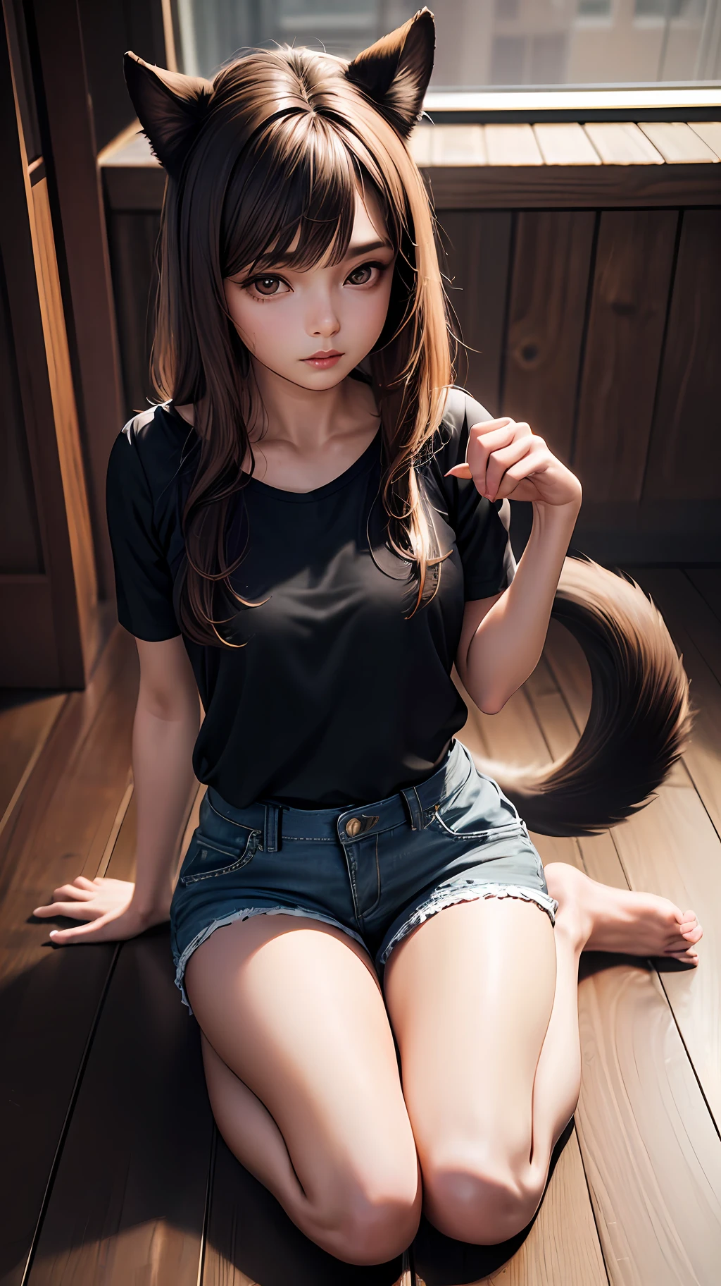 Superior Quality, Masterpiece, Ultra High Resolution, (Photorealistic: 1.4), Raw Photo, girl dog, brown hair, brown eyes, dog ear, dog tail, kneeling, on the floor, wooden floor, black blouse, shorts, legs, no feet, hidden feet