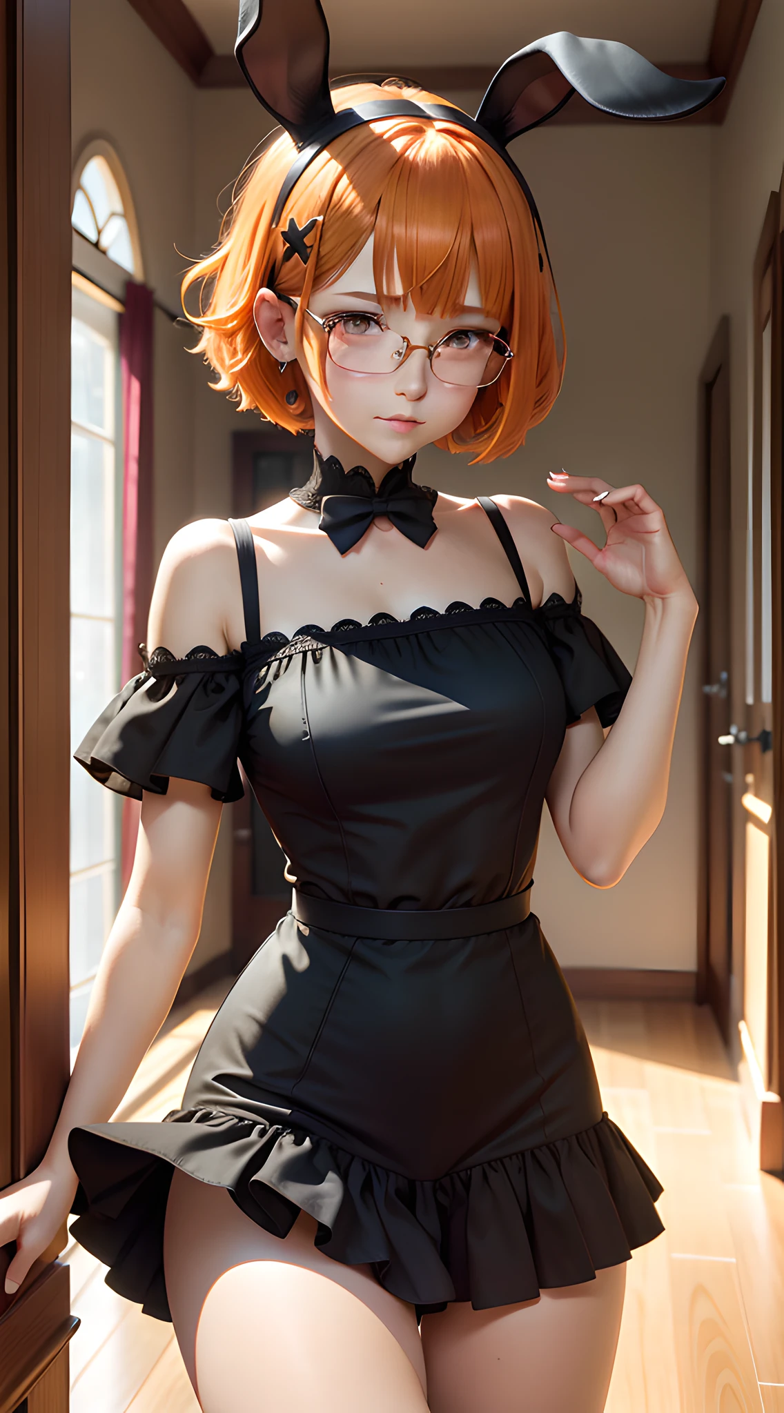 Orange hair, short hair, glasses, bob cut, hair clip, demonic horns, musical note hair ornament, tears, yellow eyes, orange eyes, heart earrings, rabbit ears, tongue out, melancholy (expression), blush ear,, sobbing, depth of field, god rays, blurry, social media composition, pov, first-person view, perspective, lines of emphasis,  f/4.0, 16k, highres, anatomically correct, masterpiece, Full Dress, Full naked, behaved, panties, pantstock, socks, long socks