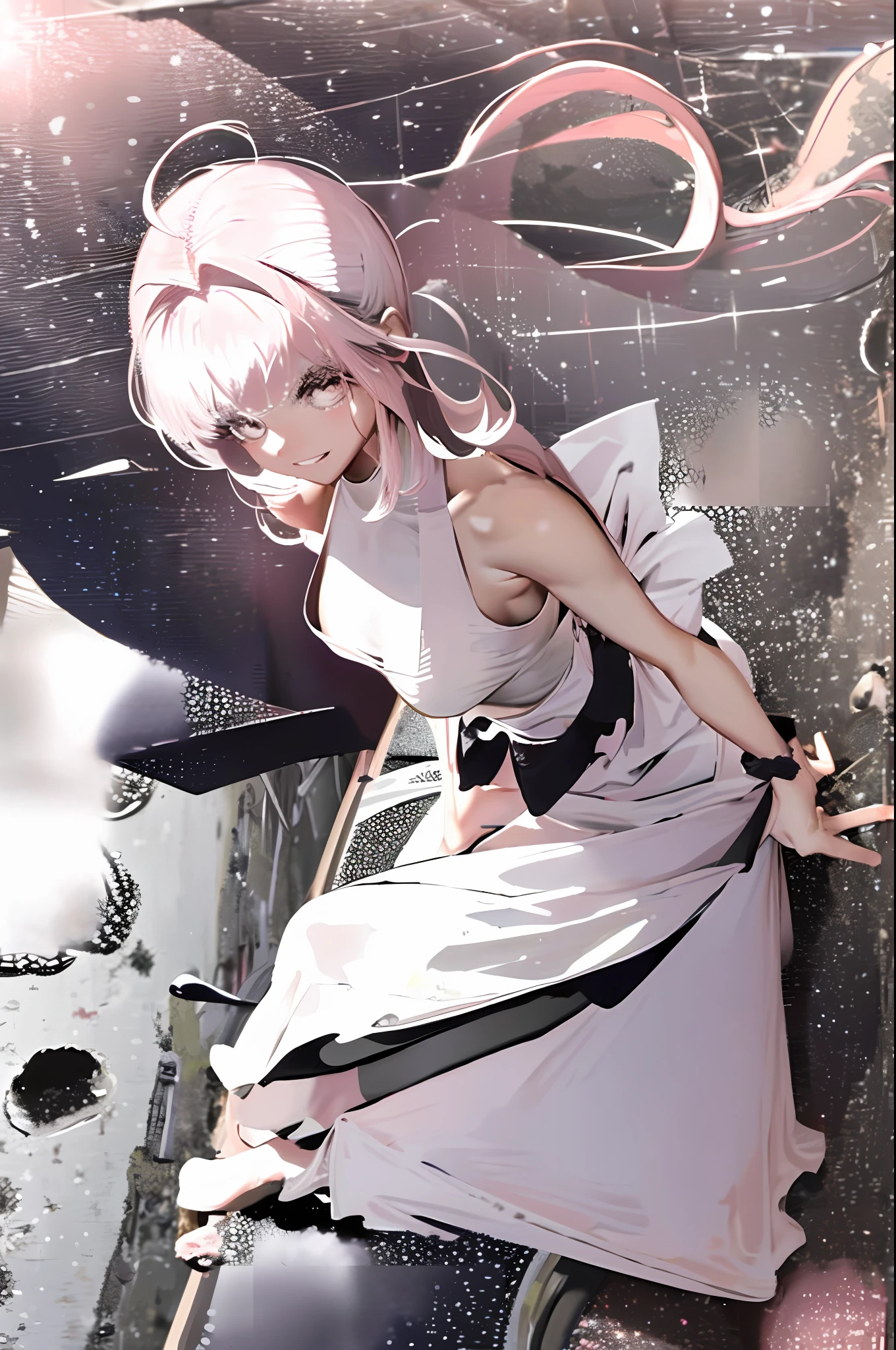 1 Woman, Ahoge, Bangs, Bare Shoulders, Pink Hair, Breasts, Cleavage, Clavicle, Bangs, Big, Grinning, Long Hair, Solo, Twin Tails, Ultra Long Hair, (Glossy Skin), (Best Quality: 1.4), Real, Lower, Skirt, Pink Eyes, Mini Skirt, Big, Big,