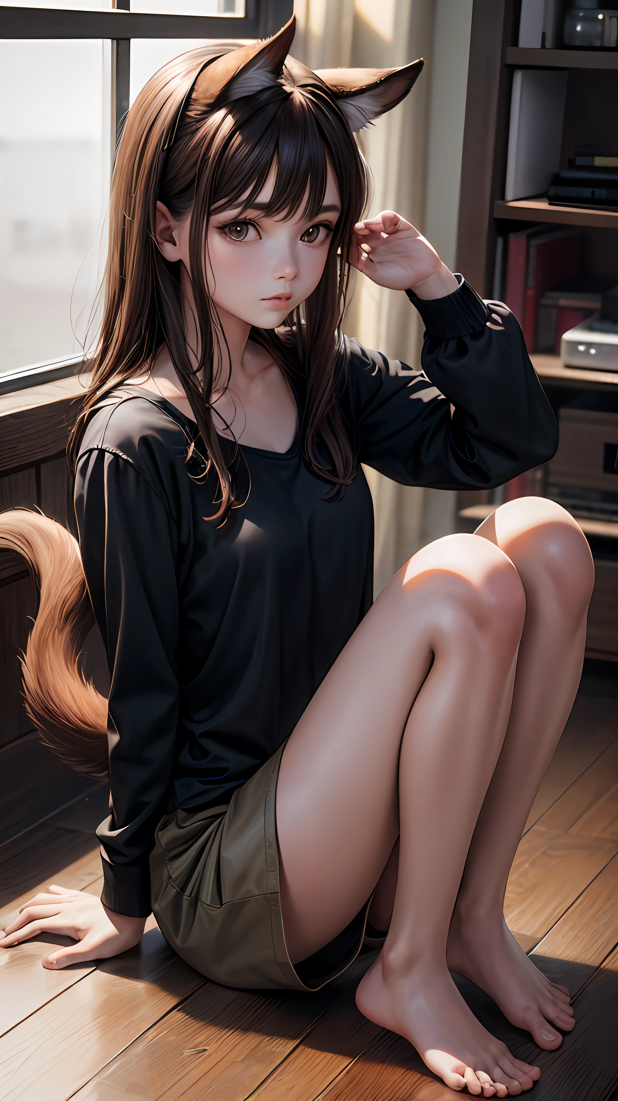 Superior Quality, Masterpiece, Ultra High Resolution, (Photorealistic: 1.4), Raw Photo, girl dog, brown hair, brown eyes, dog ear, dog tail, kneeling, on the floor, wooden floor, black blouse, shorts, legs, no feet, hidden feet