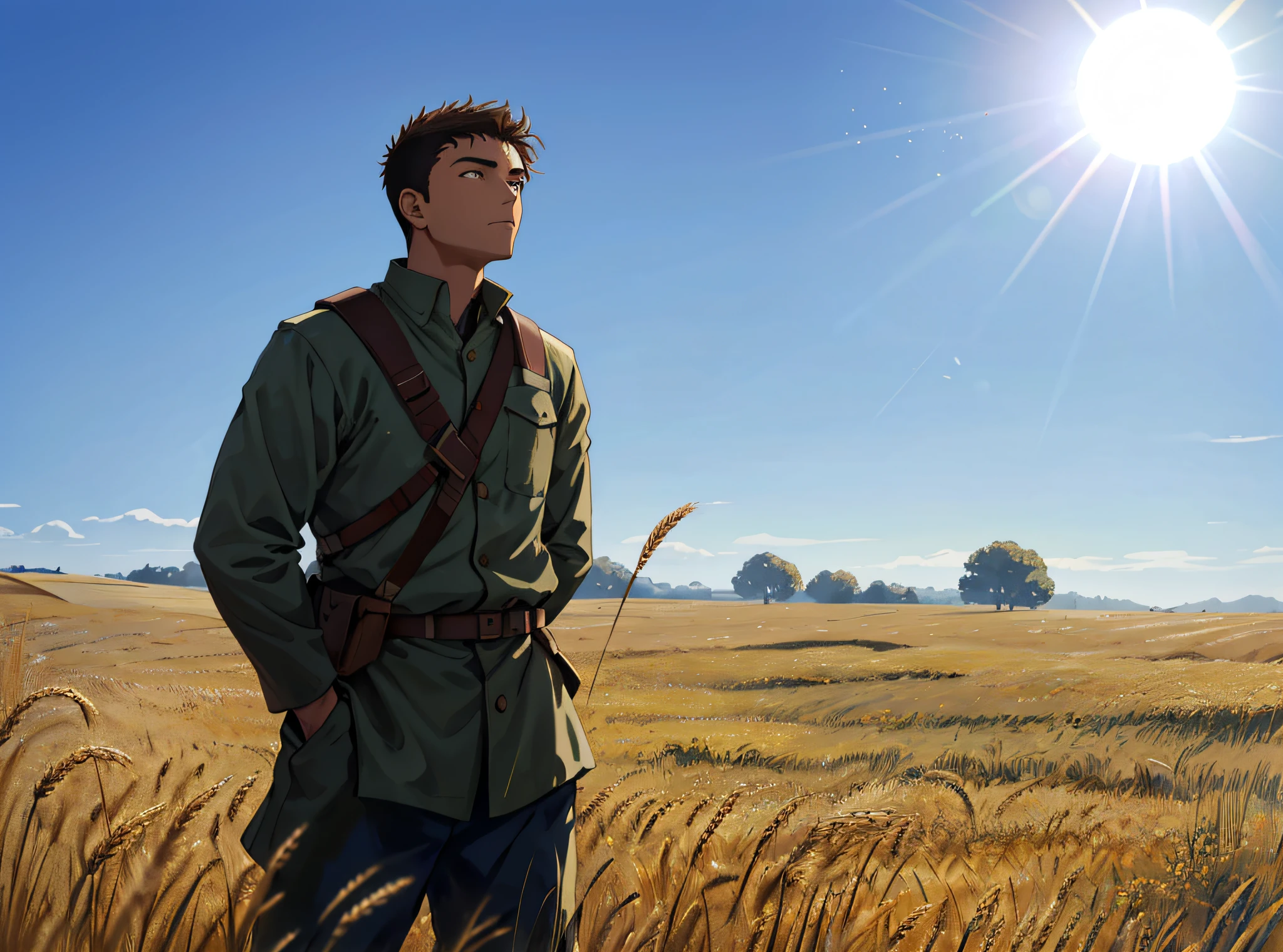 arafed man standing in a field of wheat looking up at the sun, standing in a field, in a wheat field, in the middle of a field, in a field, standing in a barren field, in field high resolution, standing in a grassy field, standing on a battlefield, standing on the field of battle, in the middle of the battlefield