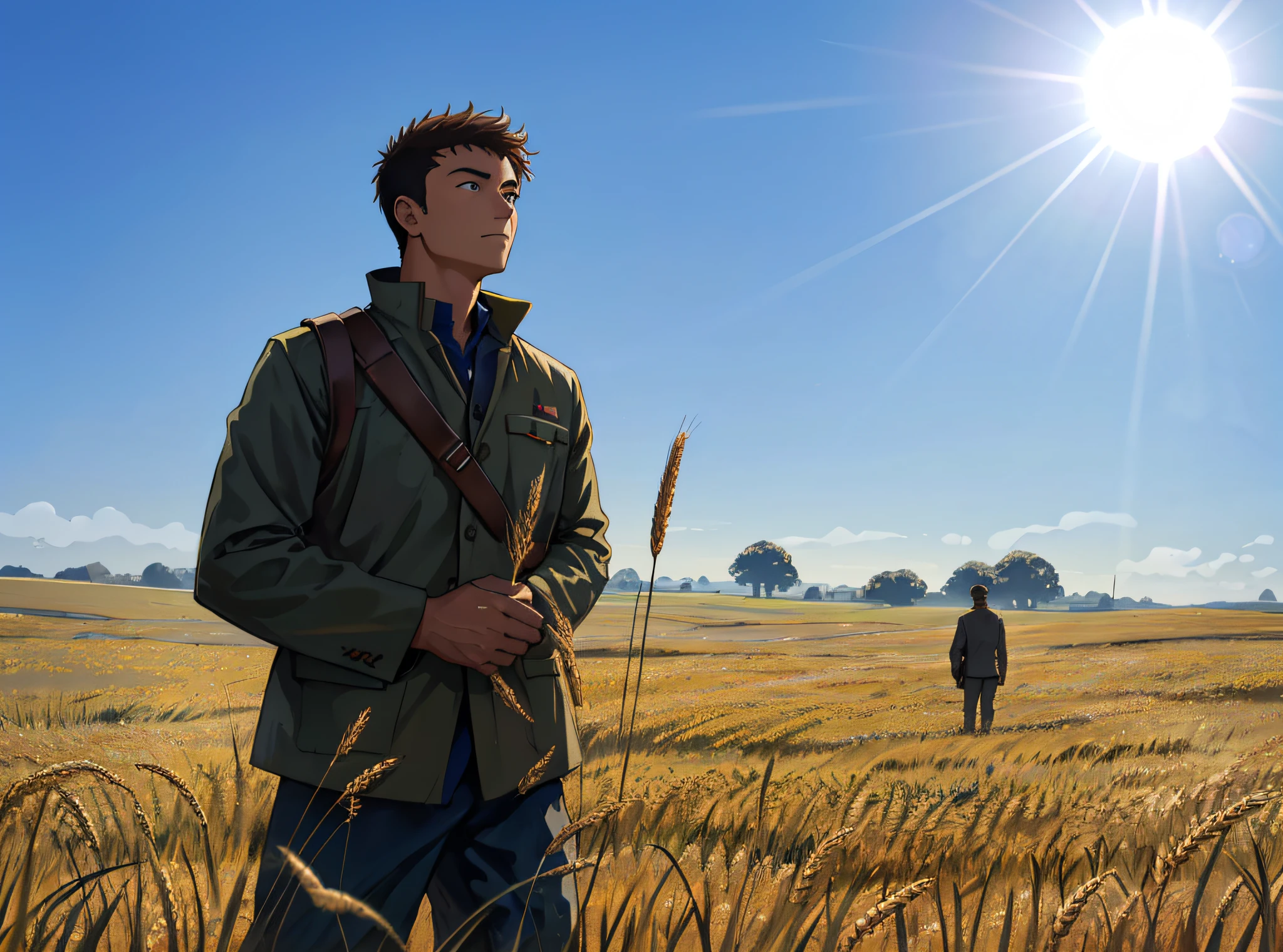 arafed man standing in a field of wheat looking up at the sun, standing in a field, in a wheat field, in the middle of a field, in a field, standing in a barren field, in field high resolution, standing in a grassy field, standing on a battlefield, standing on the field of battle, in the middle of the battlefield