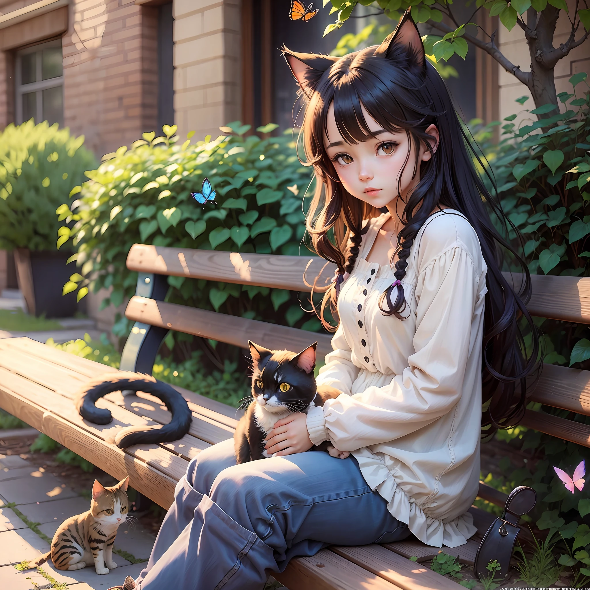 anime girl sitting on a bench with a cat and butterfly, realistic anime cat, realistic anime art style, kawaii realistic portrait, anime cat, beautiful anime catgirl, realistic anime artstyle, anime realism style, anime catgirl, very beautiful anime cat girl, realistic anime 3 d style, very beautiful cute catgirl, cute anime catgirl, in anime style --auto --s2