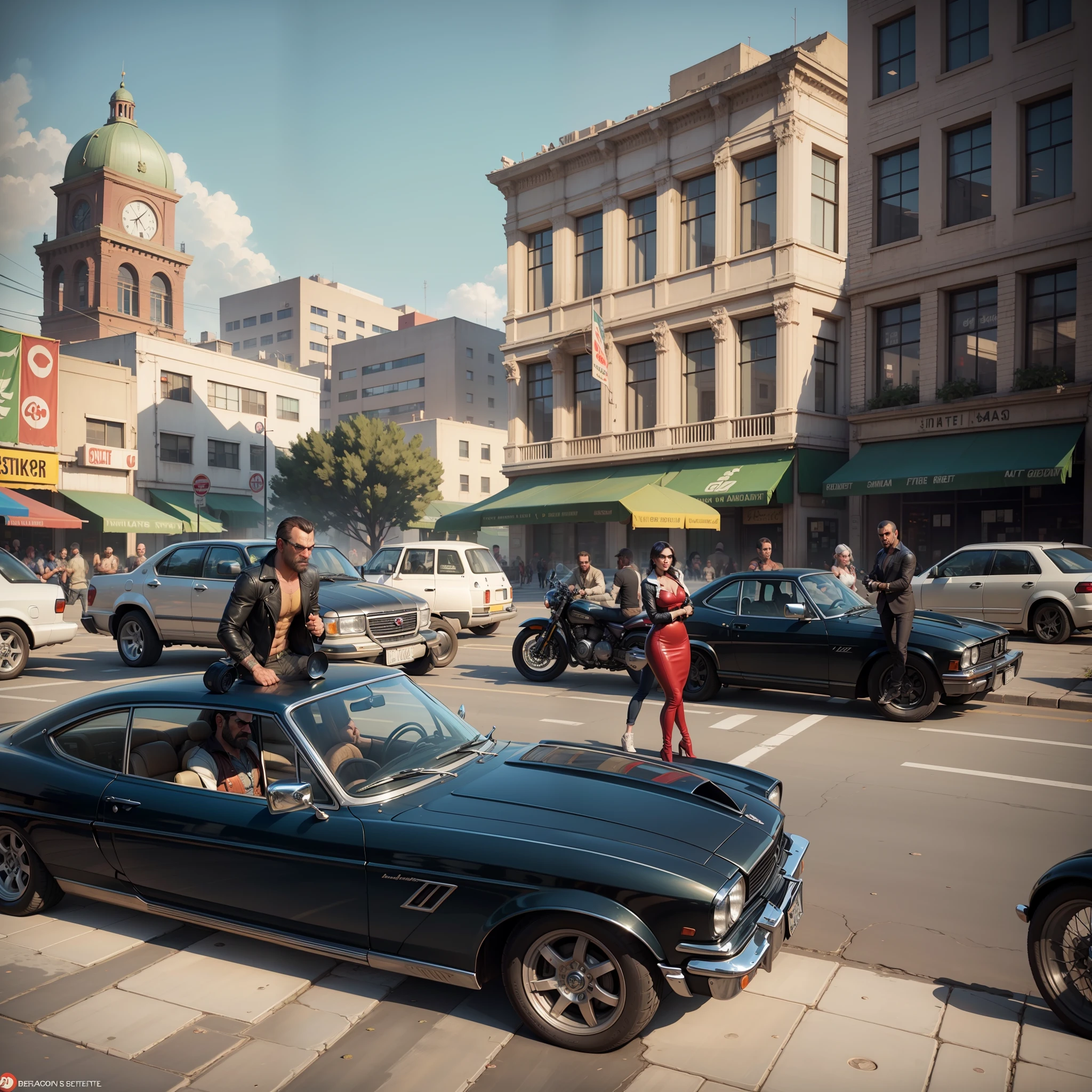 GTA V role play create a scene, people in the central square talking, GTA 5 design, imported cars, parked motorcycles, view from afar, camera away --auto --s2