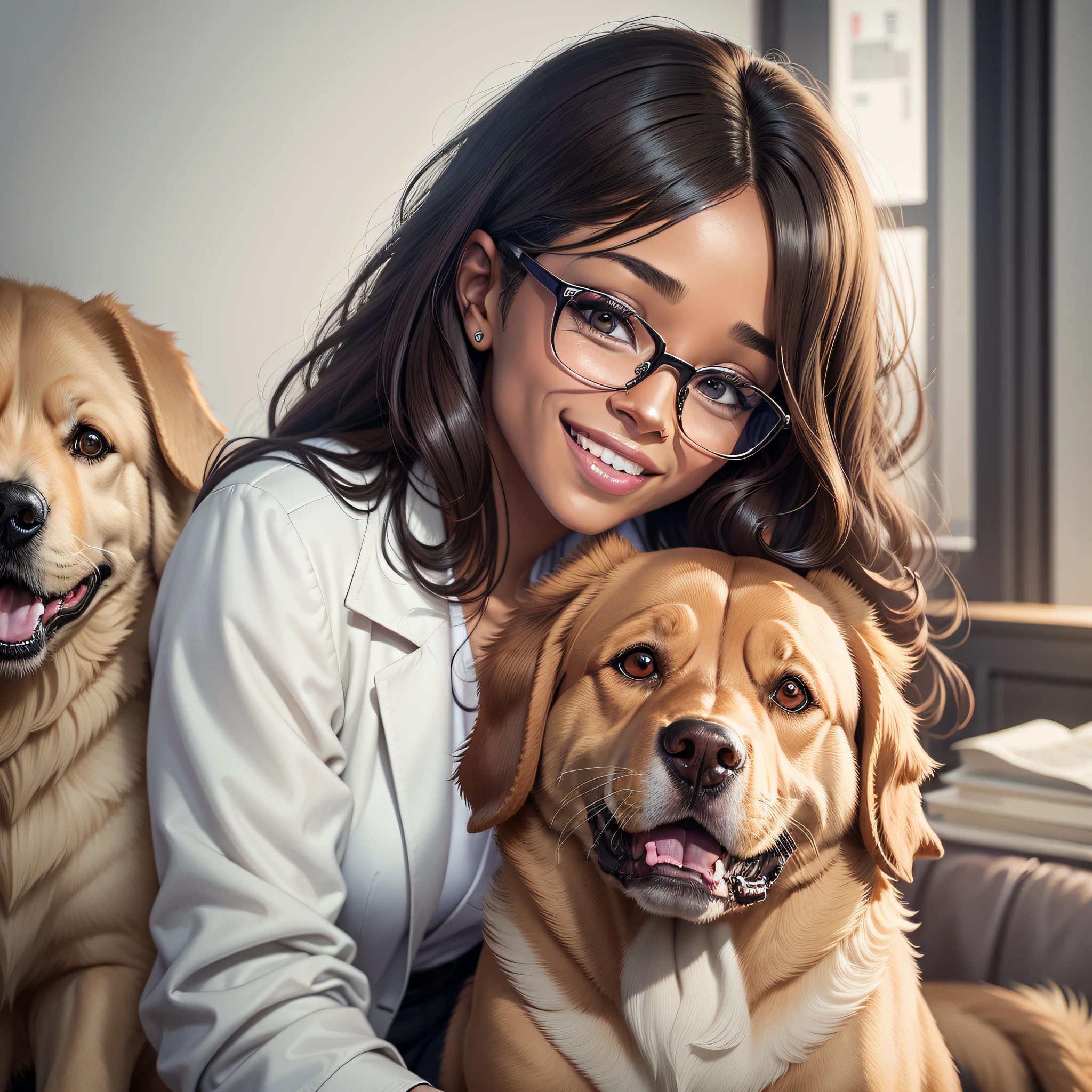 black woman smiling with glasses consulting a golden retriever dog, wearing a white lab coat, veterinarian, charity, veterinary professional, office, stock photo, by Emma Andijewska, by Jakob Gauermann, examining dog, high quality photo, medium portrait, photo taken, set photo, high resolution photo, health, very expressive, realistic anime, drawn, 4k
