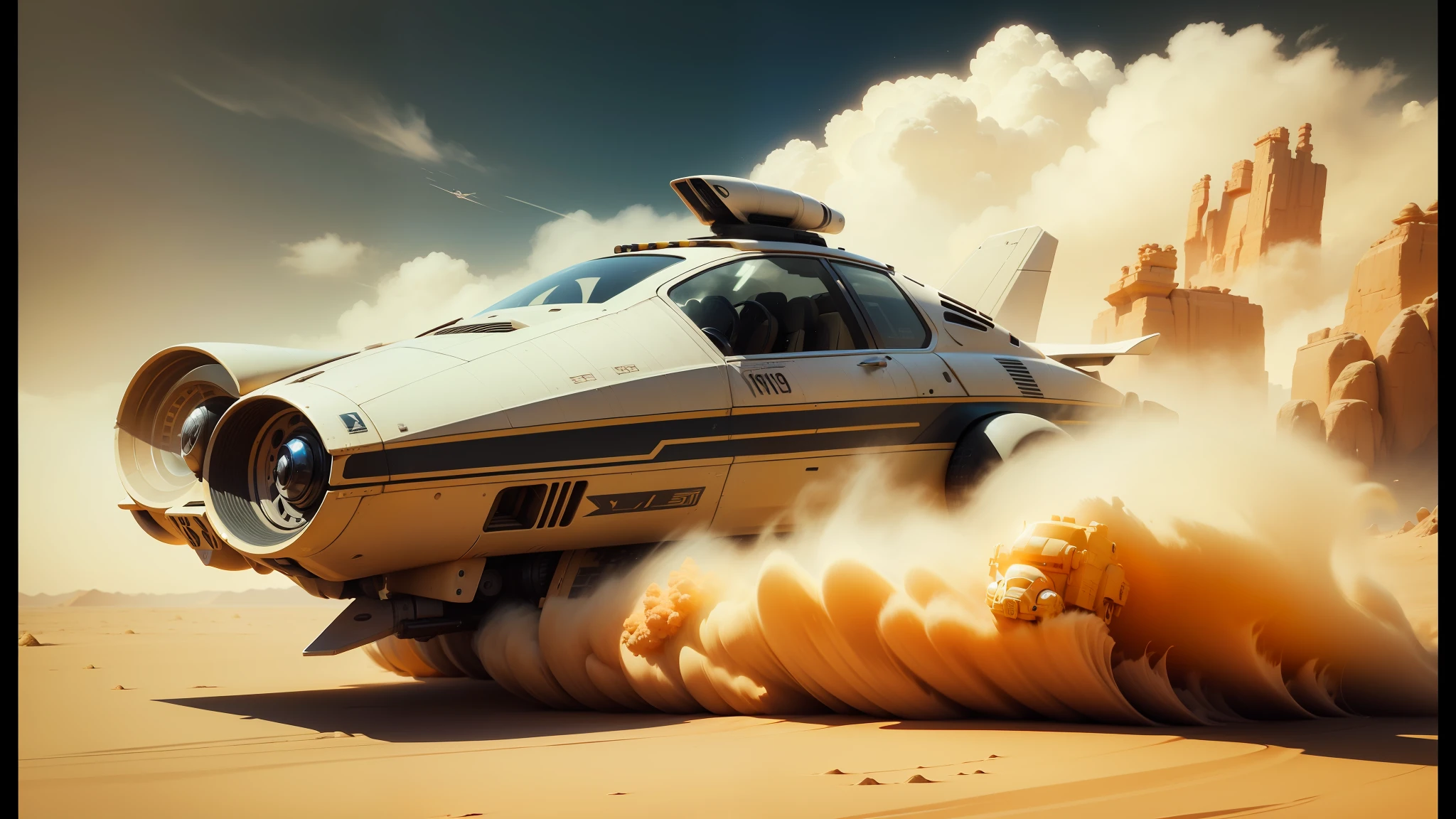 there is a small vehicle that is driving on a dirt road, star wars concept art, oktane render, speed racer, cinemascope, intimidating floating sand, cgsociety - w 1 0 2 4 - n 8 - i, speedy aircraft, from the mandalorian (2019), beautiful rendered, anamorphic, brian sum, sand --ar 16:9 --auto --s2