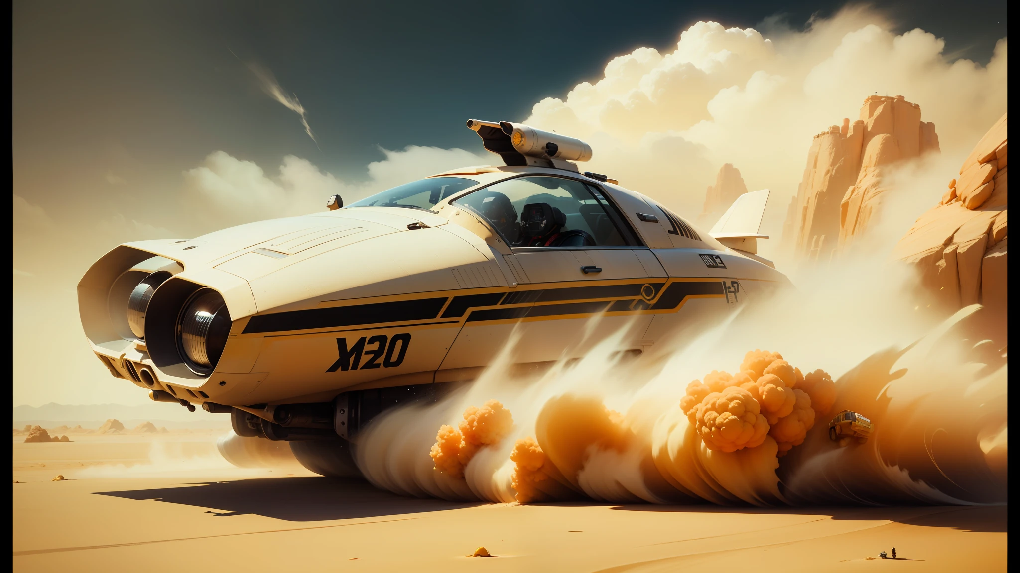 there is a small vehicle that is driving on a dirt road, star wars concept art, oktane render, speed racer, cinemascope, intimidating floating sand, cgsociety - w 1 0 2 4 - n 8 - i, speedy aircraft, from the mandalorian (2019), beautiful rendered, anamorphic, brian sum, sand --ar 16:9 --auto --s2