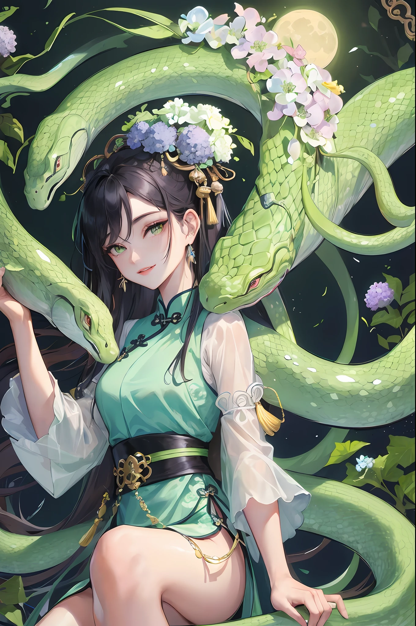 Masterpiece, Superb Eye, Full Moon at Night, 1 Woman, 1 People, Chinese Style, Ancient, Cyan Clothes, Smile, Double Pill Head, Light Pink Lips, Calm, Intellectual, Medium Black Hair, Green Pupils, Hairpins, Hydrangeas, A Green Snake Coiled on His Arm, Green Snake, Snake