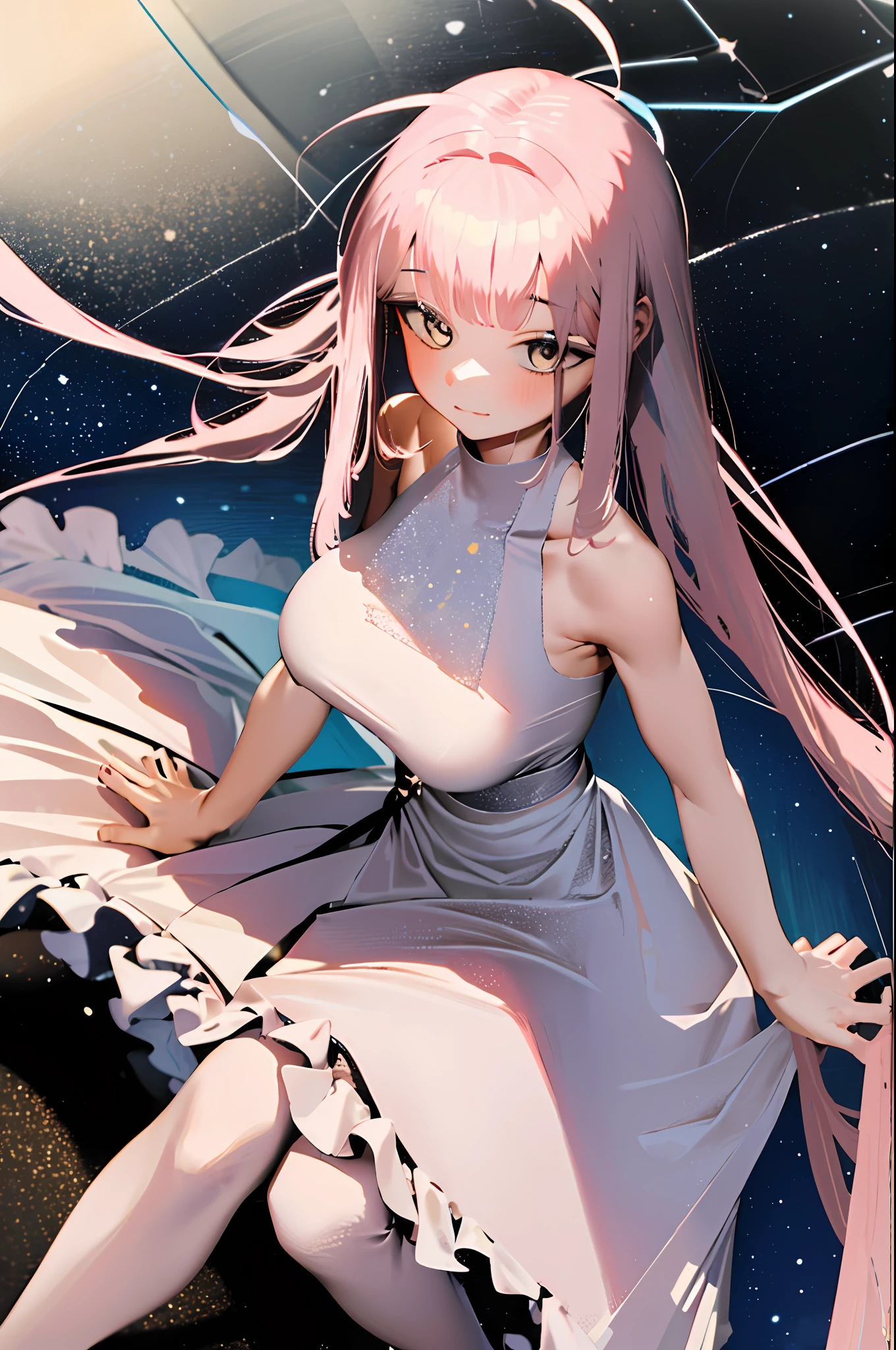 1 Woman, Ahoge, Bangs, Bare Shoulders, Pink Hair, Breasts, Cleavage, Clavicle, Bangs, Long Hair, Solo, Twin Tails, Super Long Hair, (Glossy Skin), (Best Quality : 1.4), Real Age, Lower, Skirt, Big, Big,