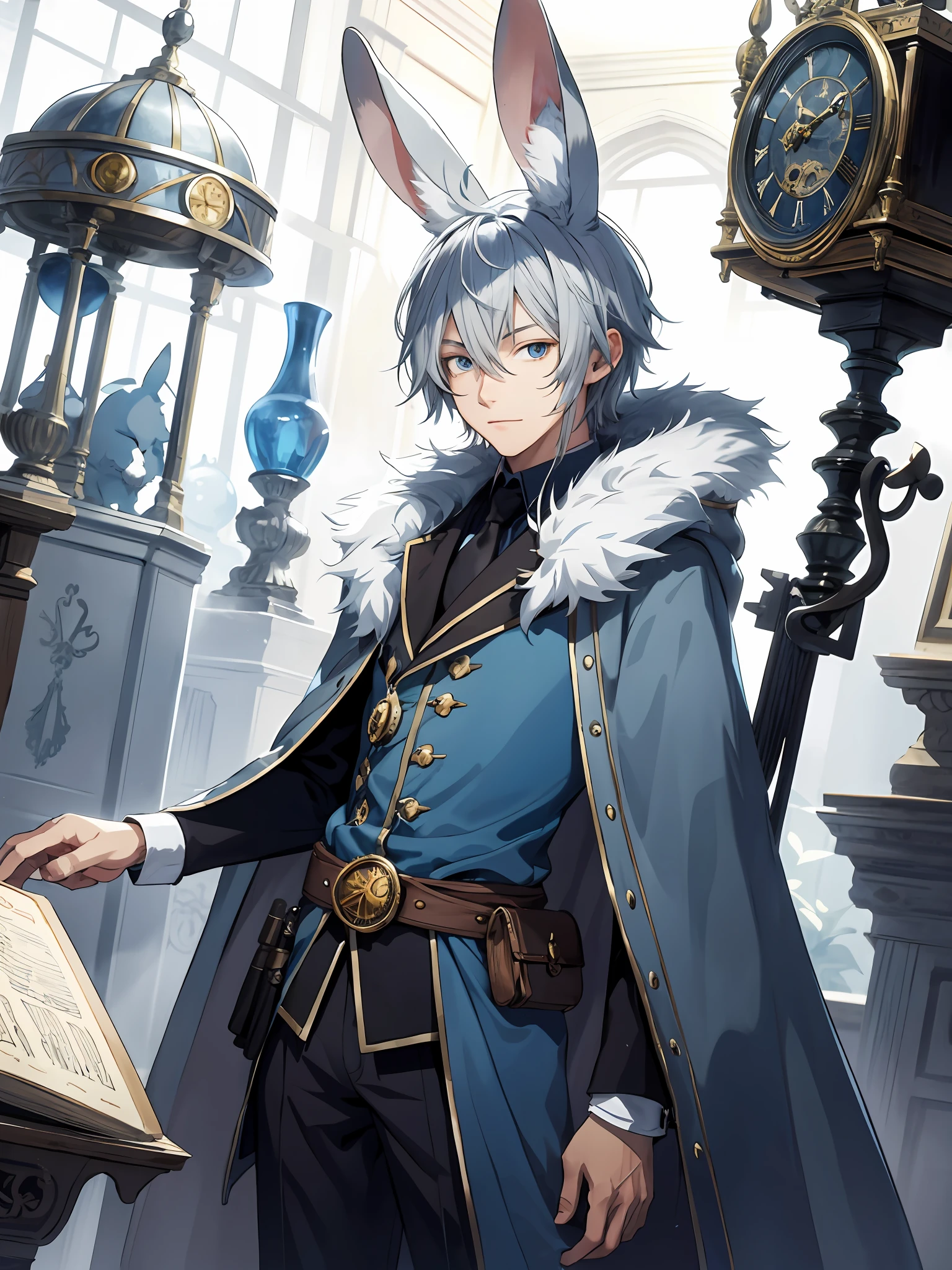 illustration style, cute boy, silver-haired blue-eyed rabbit ears, fur, cloak, fantasy long pants, solo rabbit, rabbit ears, rabbit clock, clepsydra, clockwork