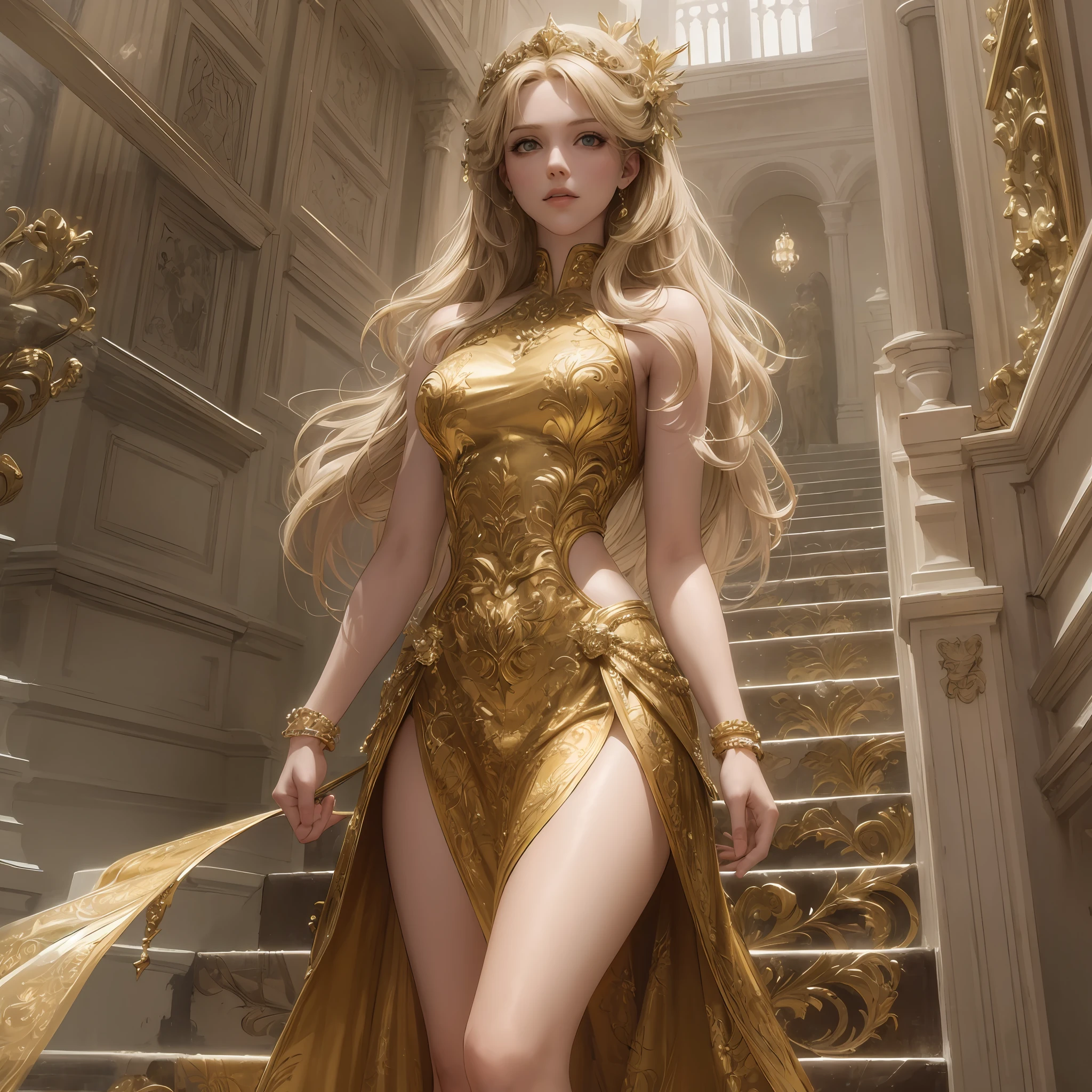 masterpiece), (best quality), (high detail), (realistic,) ,woman with light hair, illuminated background, full body, with bright legs and arms, bright eyes, golden staircase. --auto --s2