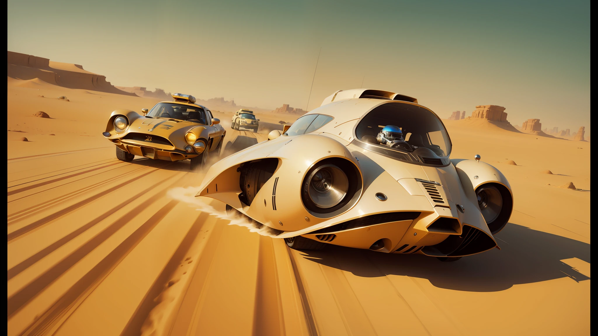 there are two cars that are driving in the desert, inspired by Stephan Martiniere, star ships, retro 1 9 6 0 s sci - fi art, race, star wars digital art, hyperrealistic sparrows, astrolabe, toonami, speeder, boris vallejo artstyle, panoramic anamorphic, wipeout 2 0 4 8, trending on deviantarthq” --ar 16:9 --auto --s2