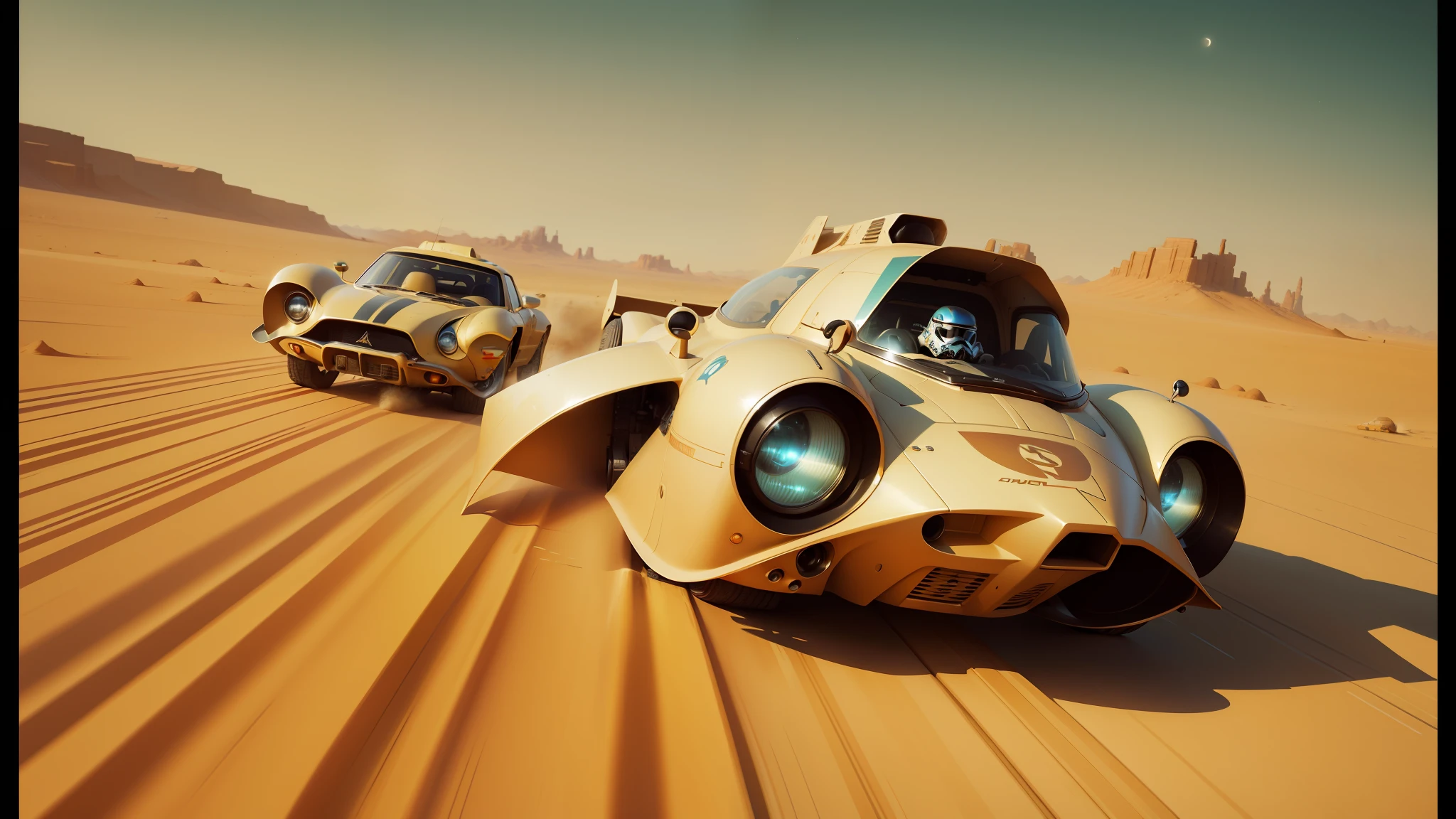 there are two cars that are driving in the desert, inspired by Stephan Martiniere, star ships, retro 1 9 6 0 s sci - fi art, race, star wars digital art, hyperrealistic sparrows, astrolabe, toonami, speeder, boris vallejo artstyle, panoramic anamorphic, wipeout 2 0 4 8, trending on deviantarthq” --ar 16:9 --auto --s2