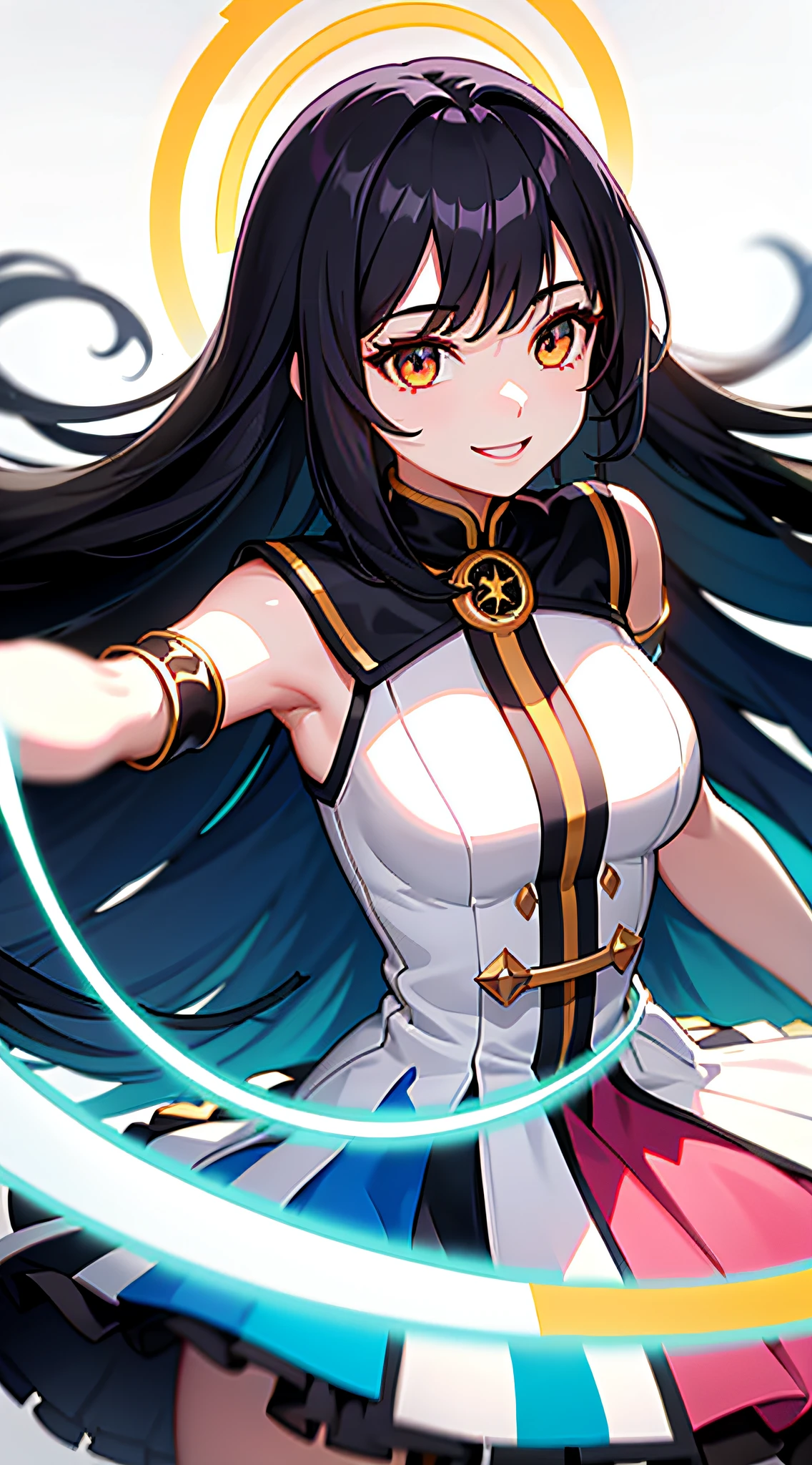 1girl, colorful idol dress, ((white background)), long hair, black hair, swept bangs, dancing, wide smile, medium breasts, upper body, hidden face, magic circles, bloom, lens flare, mirror