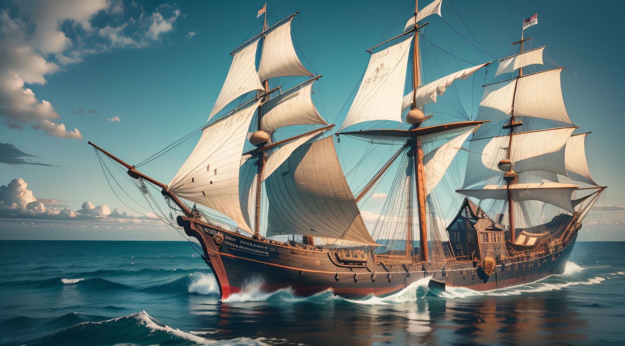 Medieval fishing sailing ship on the high seas. With the captain's cabin rising in the middle of the ship.