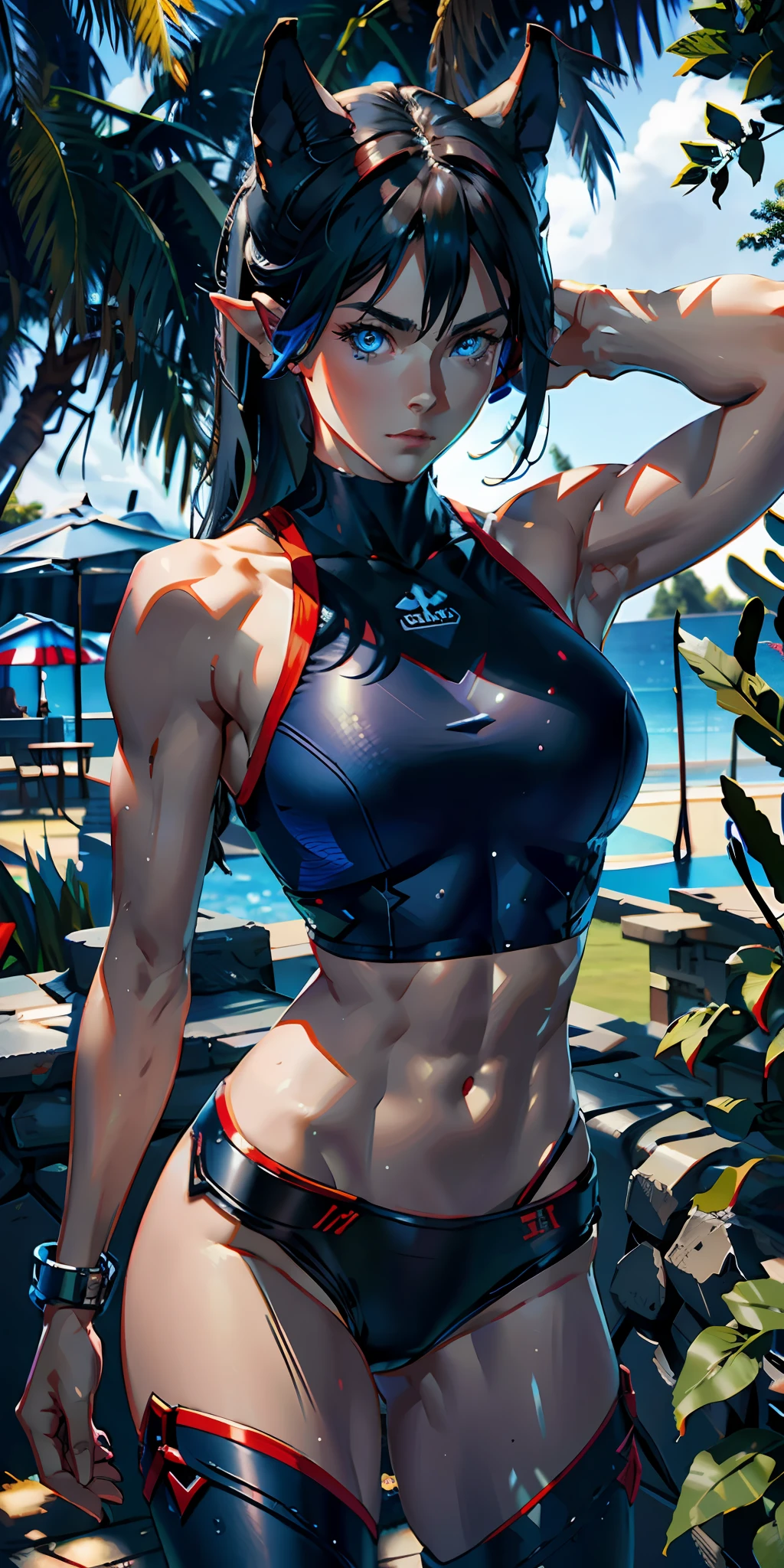bodybuilder, pretty face, serious face, blue eyes, black hair, perfect body, fit body, abdomen, big breasts, muscular, red and white clothes, pointy ears, UHD, bokeh, colorful background, side lighting,