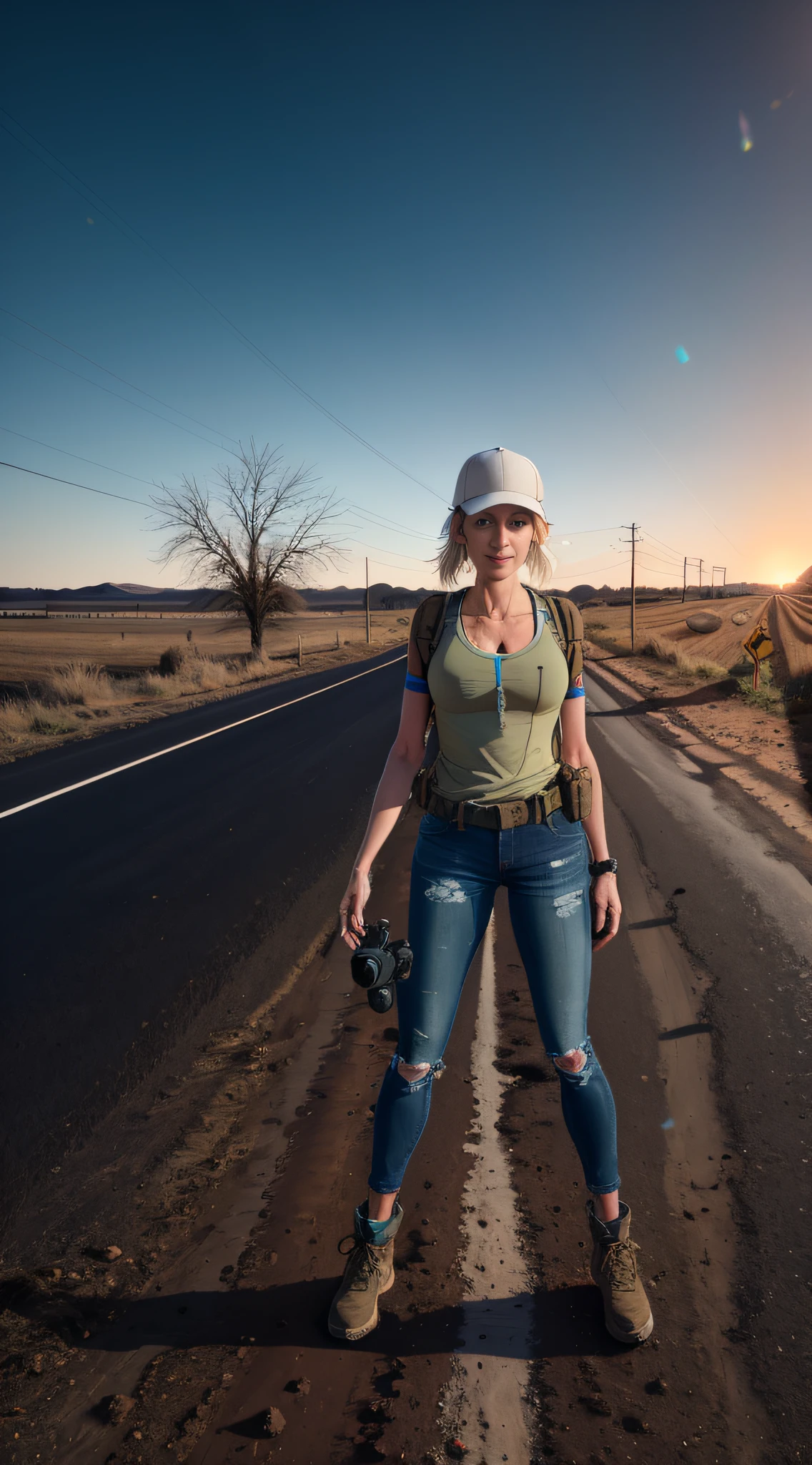 Rural dirt road, beautiful woman with a full body camera, mulhe face