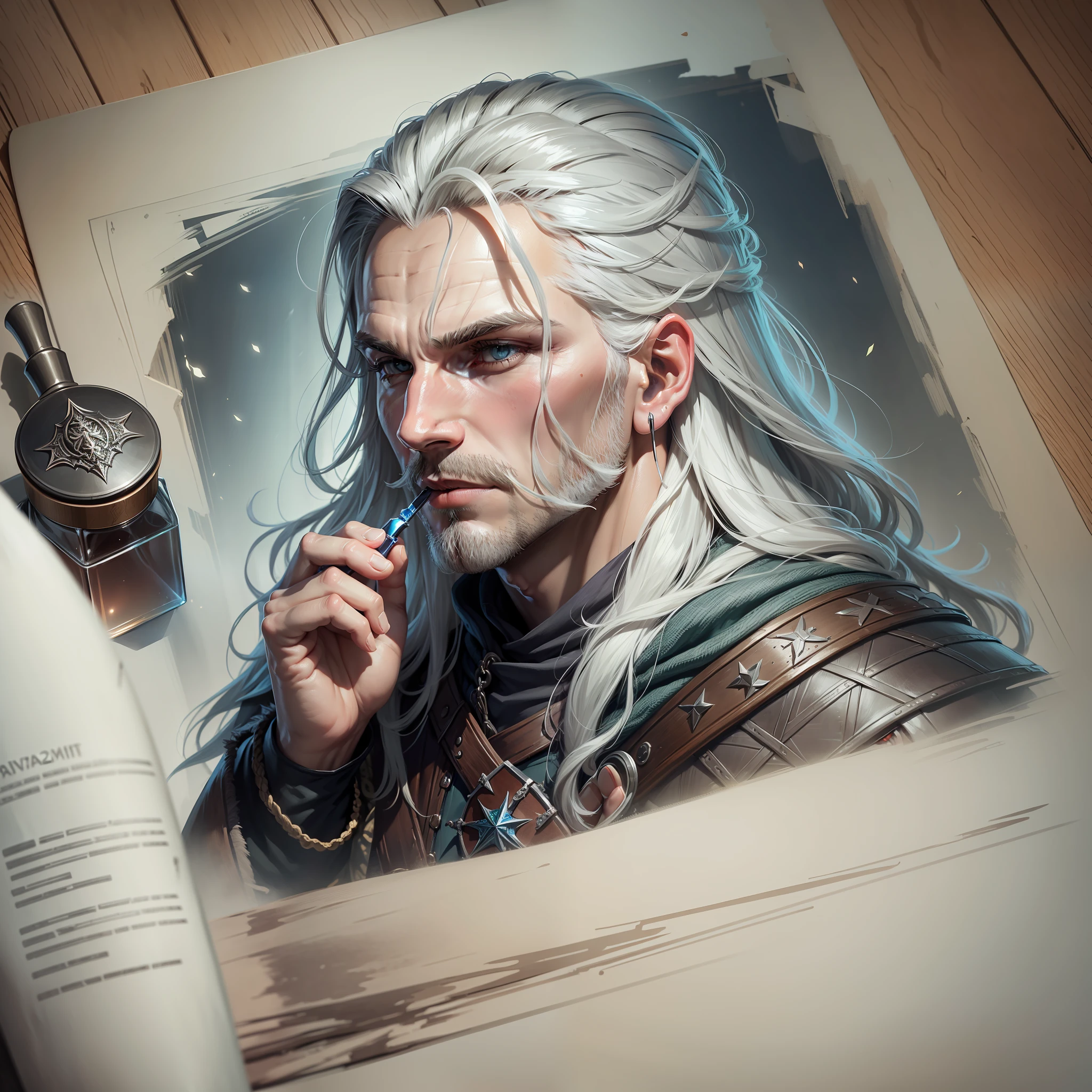 Create a portrait of the wizard Geralt of Rivia applying perfume to his neck --auto --s2