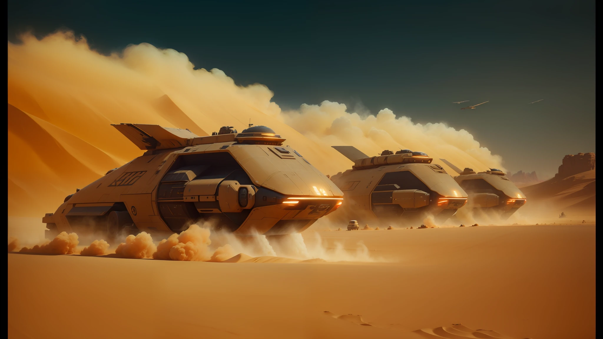there are three vehicles that are driving in the desert, film still from dune 2020, flat matte art, film still from star wars, fleeing merchants, computer render, warm color scheme art rendition, by István Regős, airship, pixar cgi, kerberos --ar 16:9 --auto --s2