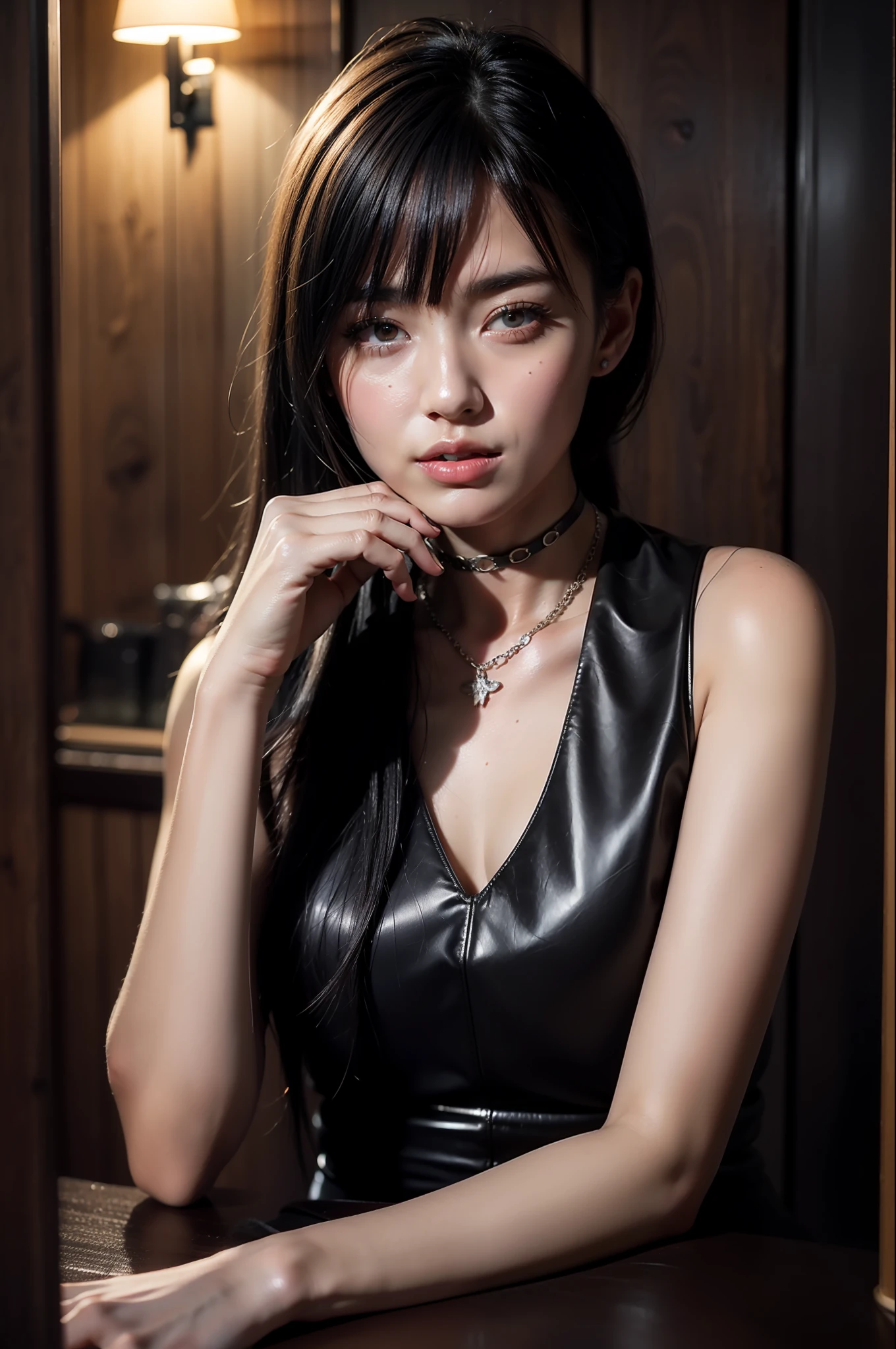 1girl, 21 years old, black hair, silver choker, delicate silver watch, tight red dress with deep neckline, (realistic: 1.3), finely detailed, quality, (masterpiece: 1.2), (photorealistic: 1.2), (best quality) , (detailed leather: 1.3), (intricate details), dramatic, ray tracing, photography, 1920s cabin, Bathed in shadows, Visual novel, Hopeful, Moonlight, grain film, Kodak gold 200, Depth of field 110 mm,  Flickr