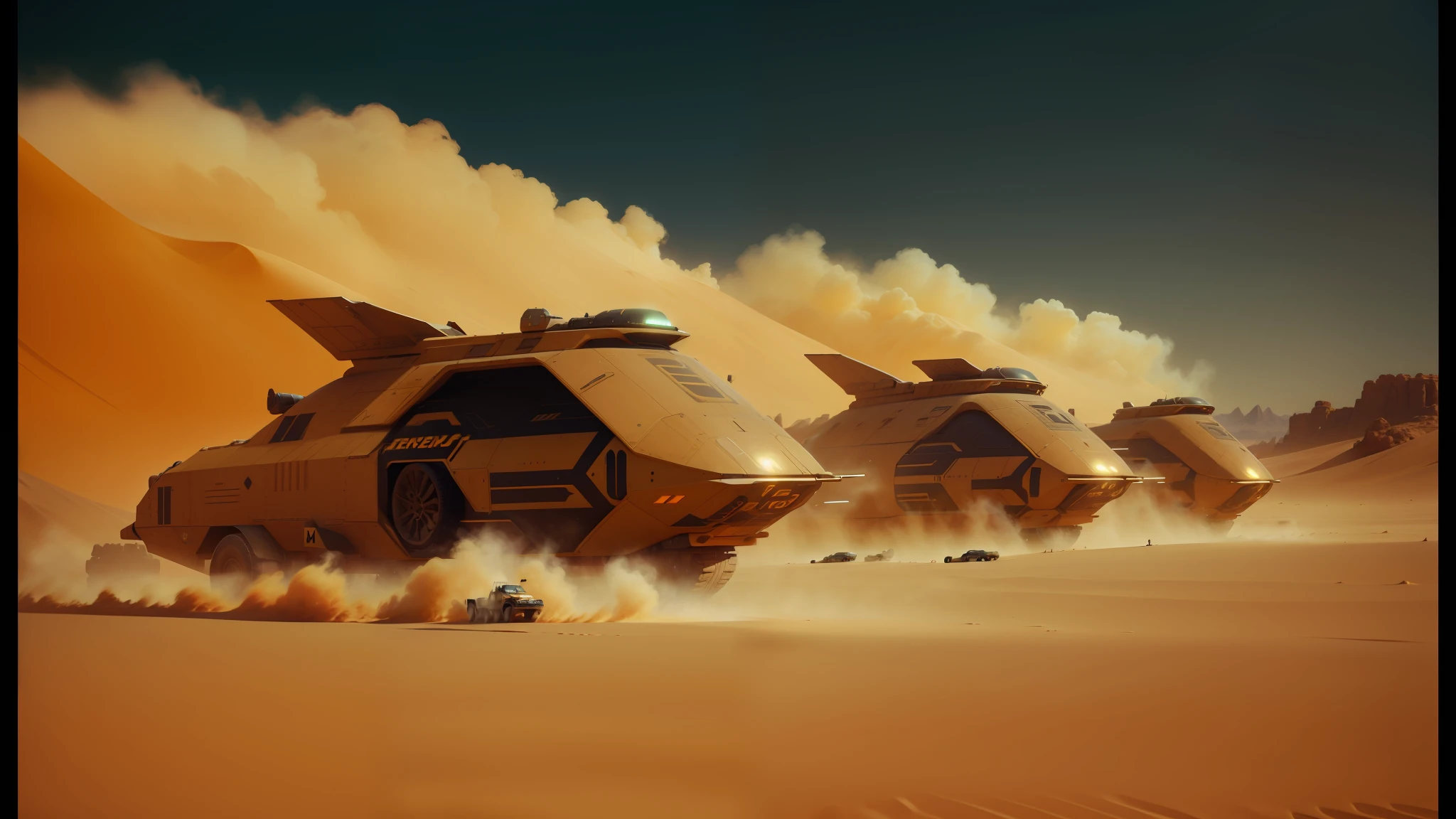 there are three vehicles that are driving in the desert, film still from dune 2020, flat matte art, film still from star wars, fleeing merchants, computer render, warm color scheme art rendition, by István Regős, airship, pixar cgi, kerberos --ar 16:9 --auto --s2