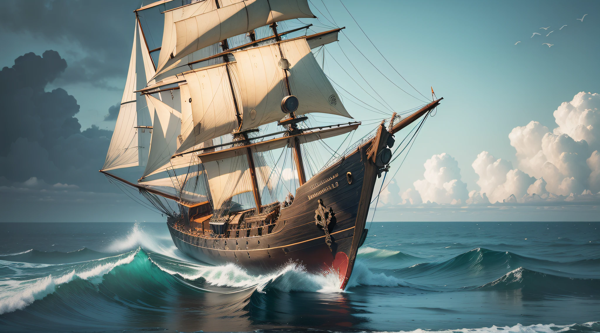 Medieval fishing sailing ship on the high seas. With the captain's cabin rising in the middle of the ship.