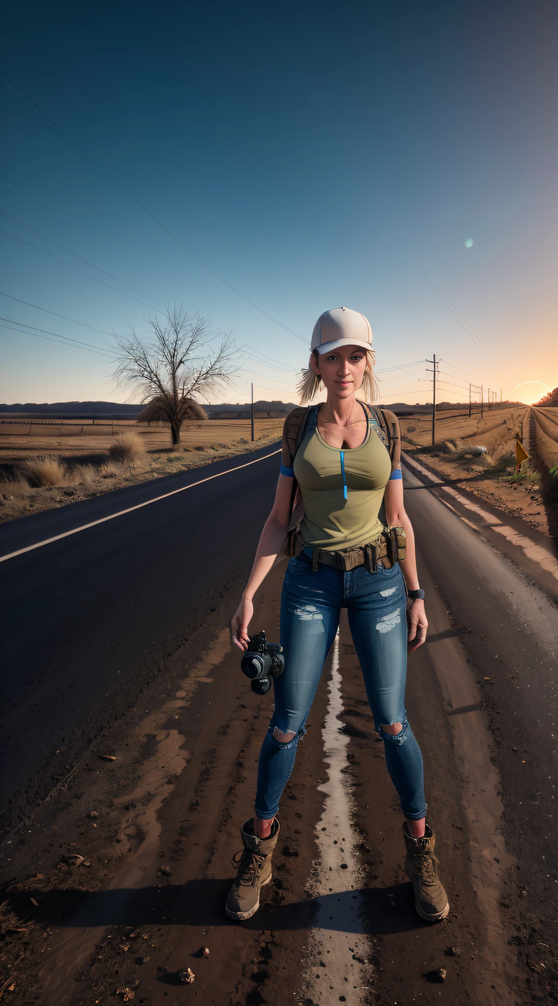 Rural dirt road, beautiful woman with a full body camera, mulhe face