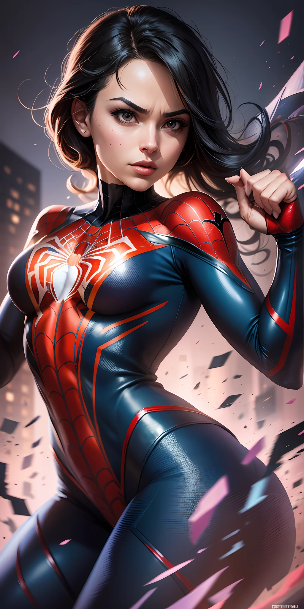 a superheroine dressed as Spider-Man, exuding confidence and power. The print features a woman in a Spider-Man costume in an action pose. Vibrant and dynamic style, with solid colors and defined contours. The background is dark, highlighting the heroine. 2D design, created digitally with painting technique. No distortions or imperfections. Ideal for superhero fan t-shirts. Centralized composition, focus on the character. 8k resolution, dimensions of 2040x2040 pixels. Graphics Engine 5. Vector design for printing t-shirts. 
Avoid portraying the character in an overly sexualized way. Keep the female representation strong and respectful by emphasizing your role as a superhero. Avoid polluting elements or offensive images. Ensure a balanced aesthetic that is consistent with the Spider-Man universe. --auto --s2