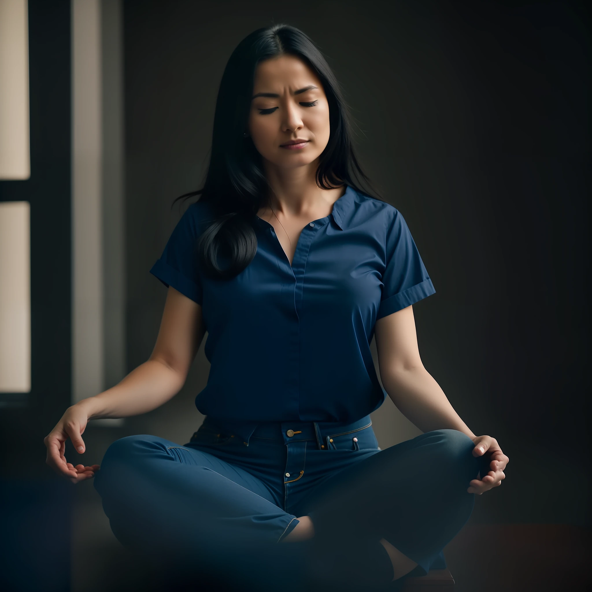 Woman sitting meditating, 35 years old, jeans, cobalt blue blouse, black hair, eyes closed, mouth hold, high detail, modern, film grain, ccurate, high quality, 8k
