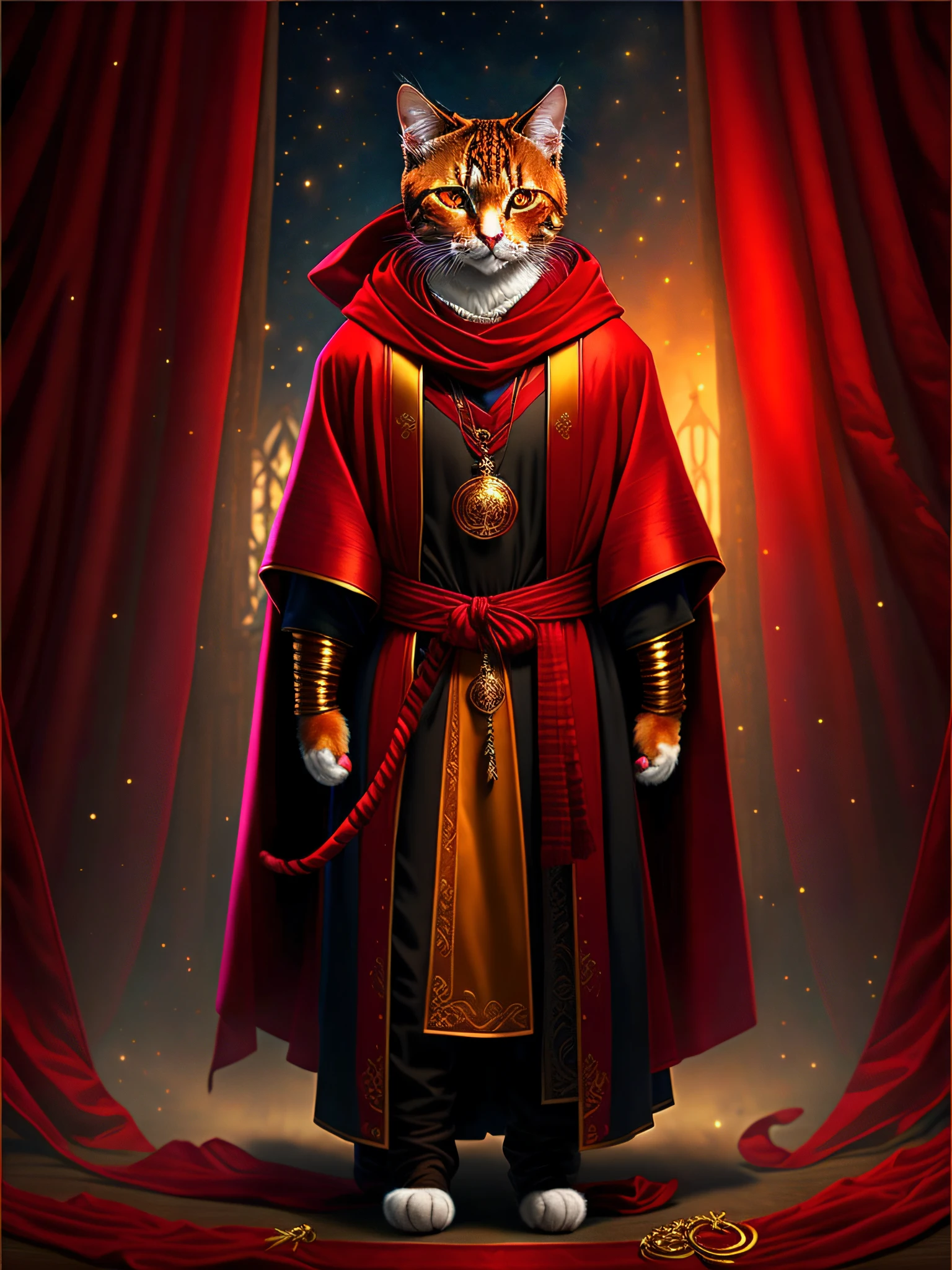 picture of a tall cat in a dark red robe and gold scarf, art station trend, dressed in wizarding robes, hyper realistic detailed rendering, harry potter wizard, fantasy style, intimidating pose, planet of cats, fashion clothes, urban samurai, meow, west slavic traits, 8 1 5