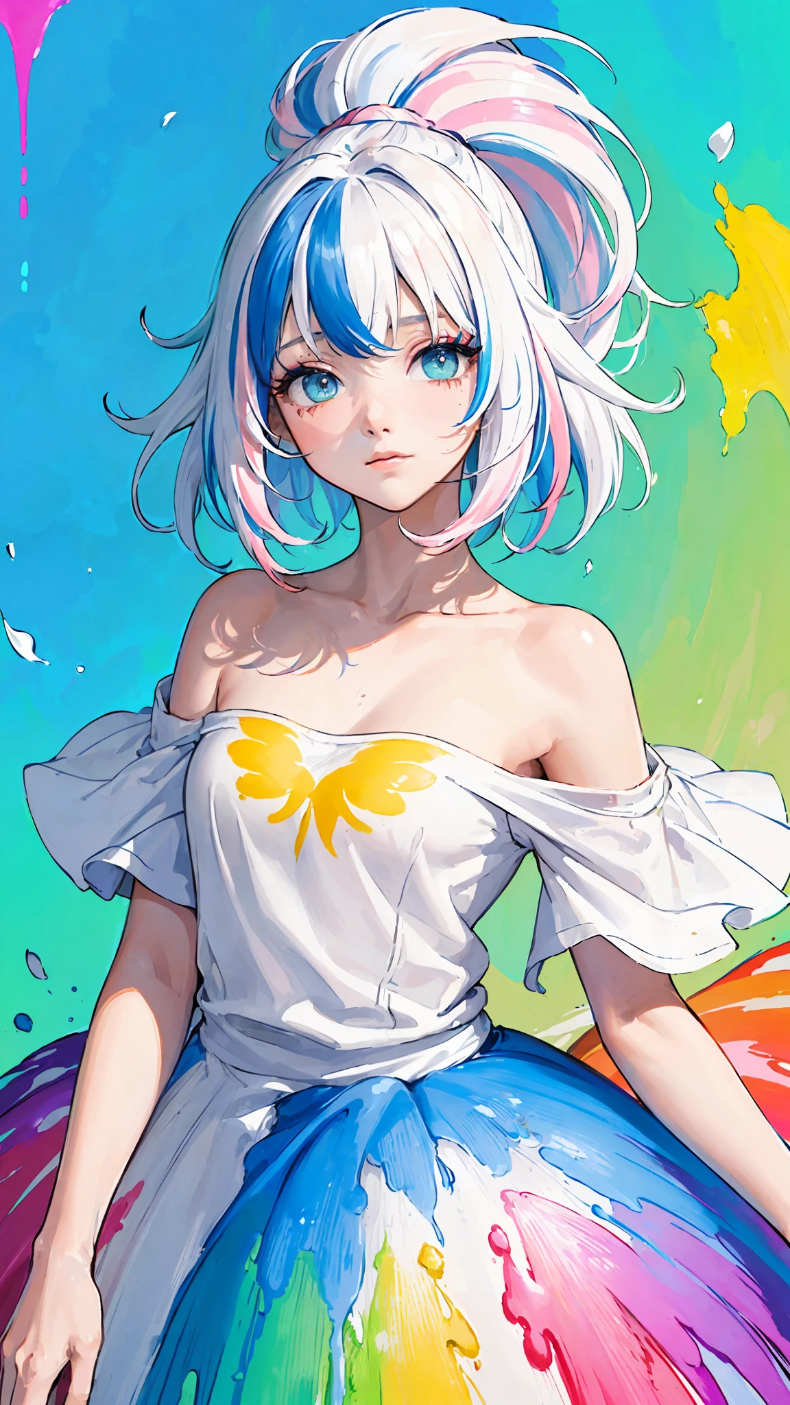(Pink Fashion T-shirt:1.9),(Colorful hair: 1.8), (all the colours of the rainbow: 1.8),(((((vertical painting:1.6))), (painting:1.6),front, comics, illustrations, paintings, large eyes, crystal clear eyes,( rainbow color gradient high ponytail:1.7), exquisite makeup, closed mouth,(Small Fresh: 1.5),(Wipe Chest: 1.6) ,long eyelashes, white off shoulder T-shirt, White Shoulder Shirt,looking at the audience, large watery eyes, (rainbow colored hair:1.6), color splash, (solo:1.8), color splash, color explosion, thick paint style, messy lines, ((shining)),(colorful), (colorful), (colorful), colorful, Thick Paint Style, (Splash) (Color Splash), Vertical Painting, Upper Body, Paint Splash, Acrylic Pigment, Gradient, Paint, Highest Image Quality, Highest Quality, Masterpiece, Solo, Depth of Field, Face Paint, colorful clothes, (Elegant: 1.2), gorgeous,long hair, wind, (Elegant: 1.3), (Petals: 1.4),(((masterpiece))),(((best quality))),((ultra-detailed)),(illustration),(dynamic angle),((floating)),(paint),((disheveled hair)),(solo),(1girl) , (((detailed anima face))),((beautiful detailed face)),collar,bare shoulders,white hair, ((colorful hair)),((streaked hair)),beautiful detailed eyes,(Gradient color eyes),(((colorful eyes))),(((colorful background))),(((high saturation))),(((surrounded by colorful splashes))),