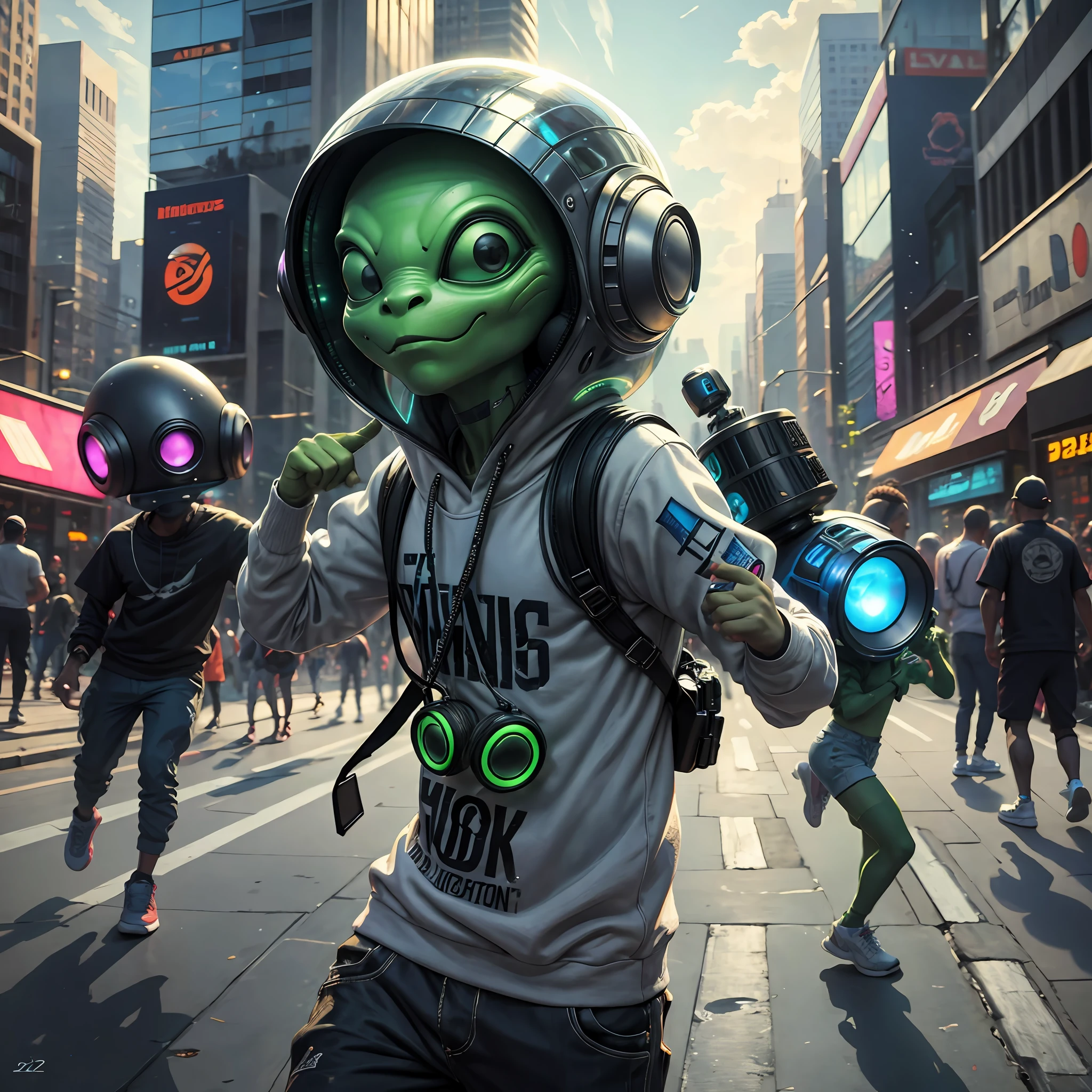 An alien wearing hiphop clothes holding a speaker, other aliens breaking dancing in the background in the middle of a bustling city, impressionist style, natural lighting, movement dynamics, refined technique. --auto --s2