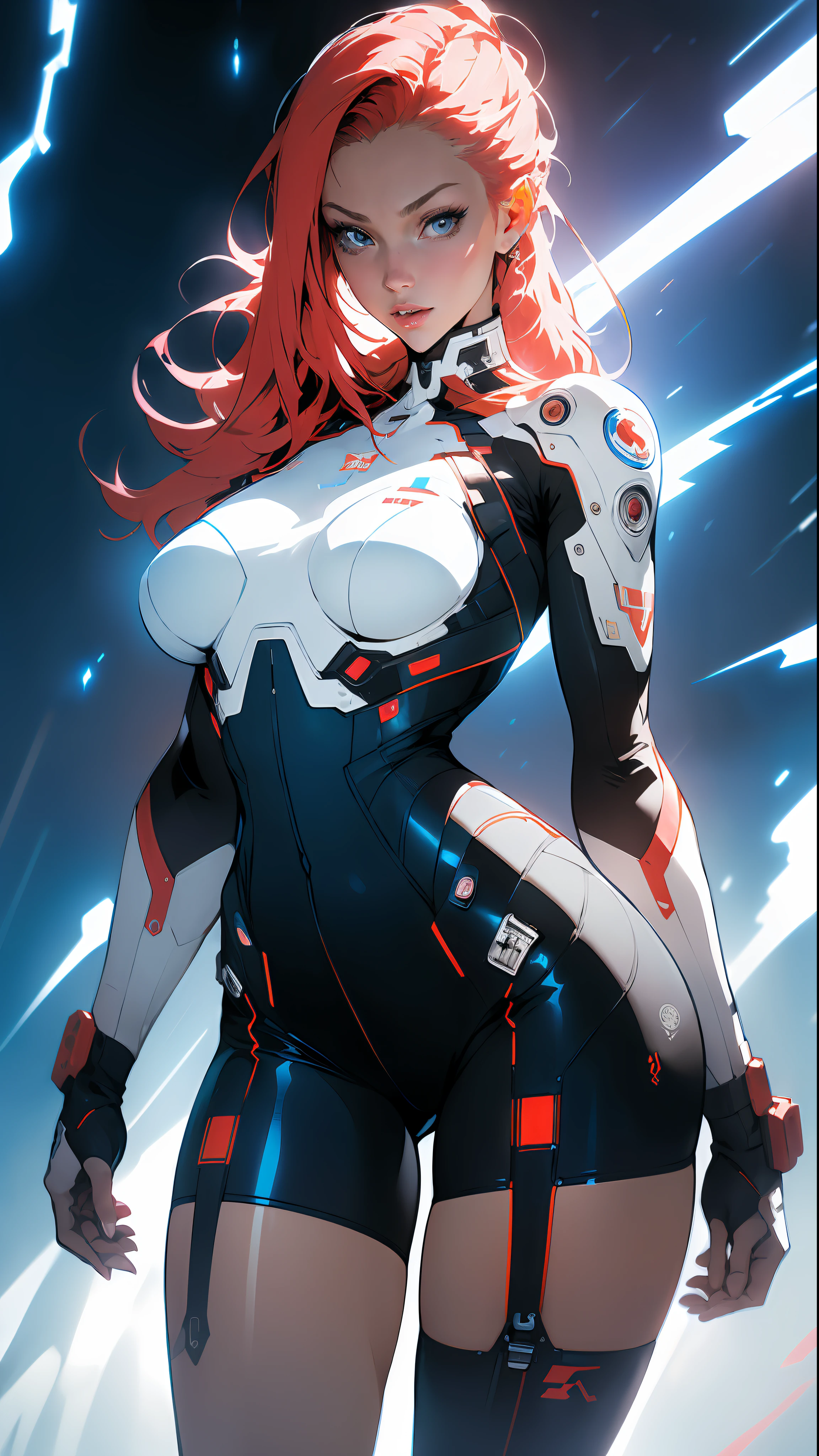 ((Best quality)), ((masterpiece)), (detailed: 1.4), (Absurd), Caucasian woman fighter pilot ready for war, front walking, Captain Brittany's outfit from Marvel comics, sculptural body defined, half-thick thighs bare, mouth closed, only in panties, muscular body covered by technological clothing, Neon Genesis Evangelion style, cyberpunk, generous neckline, ((perfect large breasts)), (blue eyes without pupils),  ((very dark white and blue clothing, red and white)), (((short white straight hair misaligned like Lucy from cyberpunk: mercenaries)))), (thin white stripes left blue covering the breasts), (red and white stripes on the arms), (((lightning bolt drawings on the arms)), long manga-style eyelashes, short underwear, garter belt, by mucha, niji --V5, close to real, psychopath,  crazy face, sexy pose, background with a giant Gundam style robot head, 2 piece clothing, shoulder pads with airplane wings on the back, pastel, centered, scale to fit dimensions, HDR (High Dynamic Range),Ray Tracing,NVIDIA RTX,Super-Resolution,Unreal 5,Subsurface dispersion, PBR texture, Post-processing, Anisotropic filtering, Depth of field, Maximum clarity and sharpness,  Multilayer textures, Albedo and specular maps, Surface shading, Accurate simulation of light-material interaction, Perfect proportions, Octane Render, Two-tone lighting, Wide aperture, Low ISO, White balance, Rule of thirds, 8K RAW, crysisnanosuit