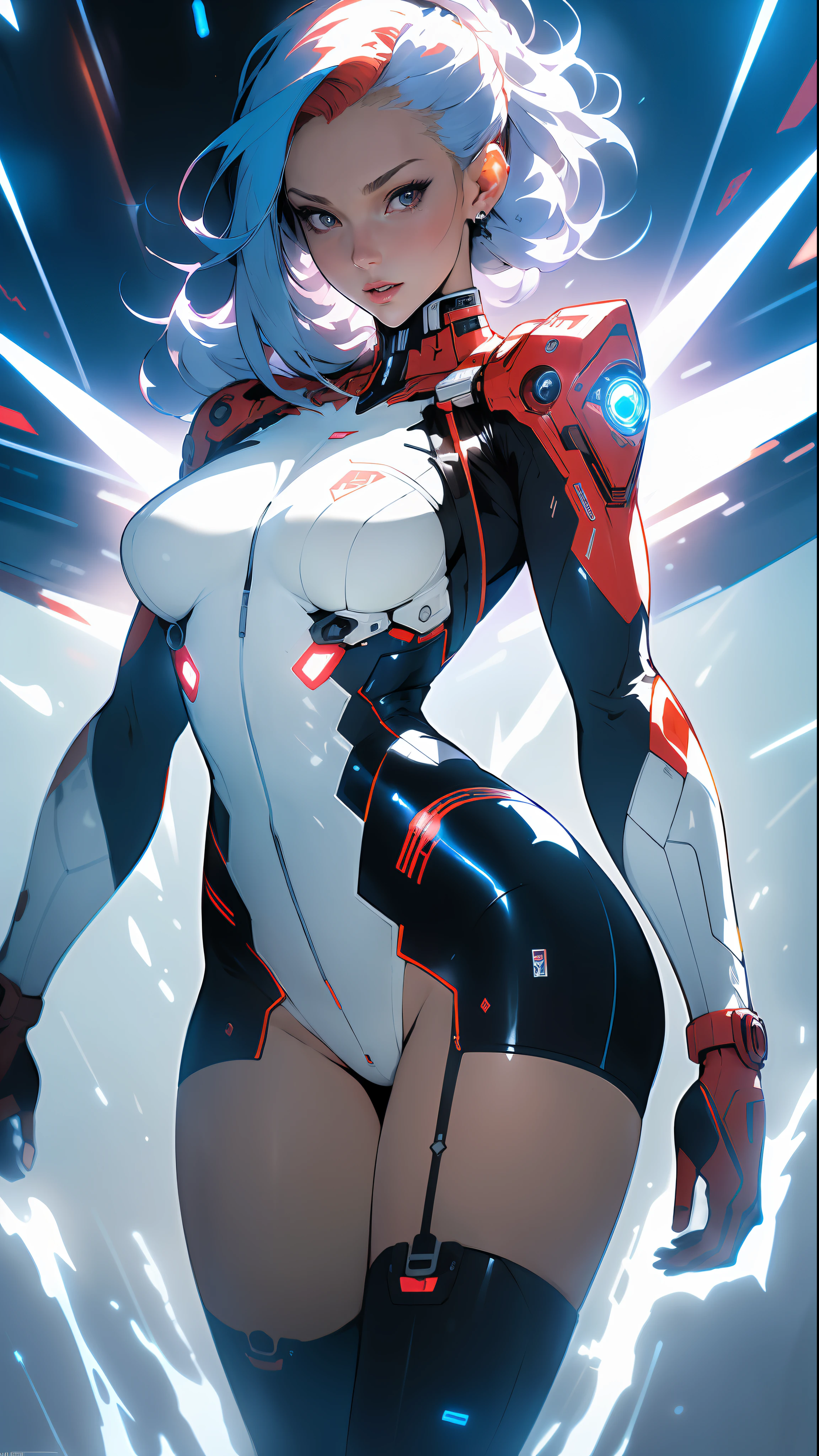 ((Best quality)), ((masterpiece)), (detailed: 1.4), (Absurd), Caucasian woman fighter pilot ready for war, front walking, Captain Brittany's outfit from Marvel comics, sculptural body defined, half-thick thighs bare, mouth closed, only in panties, muscular body covered by technological clothing, Neon Genesis Evangelion style, cyberpunk, generous neckline, ((perfect large breasts)), (blue eyes without pupils), ((very dark white and blue clothing, red and white)), (((short white straight hair misaligned like Lucy from cyberpunk: mercenaries)))), (thin white stripes left blue covering the breasts), (red and white stripes on the arms), (((lightning bolt drawings on the arms)), long manga-style eyelashes, short underwear, garter belt, by mucha, niji --V5, close to real, psychopath, crazy face, sexy pose, background with a giant Gundam style robot head, 2 piece clothing, shoulder pads with airplane wings on the back, pastel, centered, scale to fit dimensions, HDR (High Dynamic Range),Ray Tracing,NVIDIA RTX,Super-Resolution,Unreal 5,Subsurface dispersion, PBR texture, Post-processing, Anisotropic filtering, Depth of field, Maximum clarity and sharpness, Multilayer textures, Albedo and specular maps, Surface shading, Accurate simulation of light-material interaction, Perfect proportions, Octane Render, Two-tone lighting, Wide aperture, Low ISO, White balance, Rule of thirds, 8K RAW, crysisnanosuit