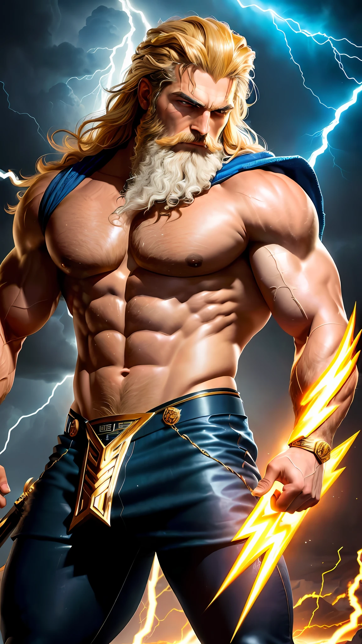 a close up of a man with a beard and a lightning bolt, furious god zeus, the god zeus, epic scene of zeus, muscular male hero, the god poseidon, muscular character, greek god, painted portrait of rugged zeus, portrait of greek god ares, zeus, portrait of rugged zeus, portrait zeus, large muscles, greek myth digital painting